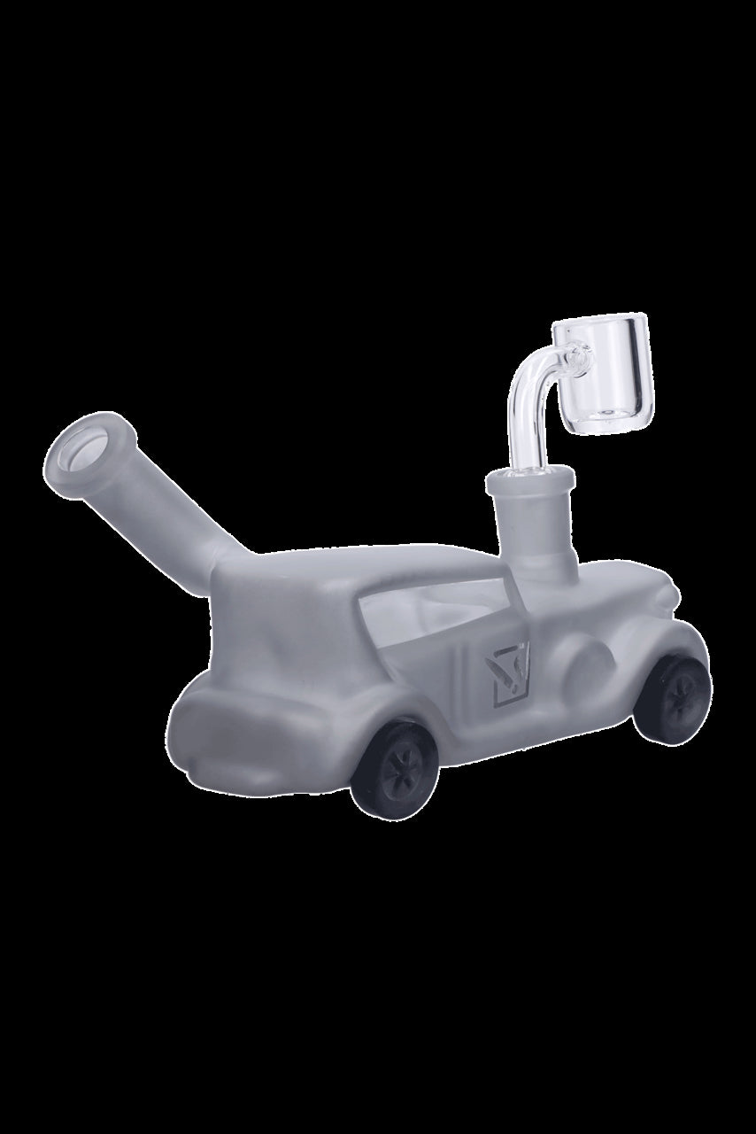 Frosted glass rig resembling a vintage car with a dab nail attachment.