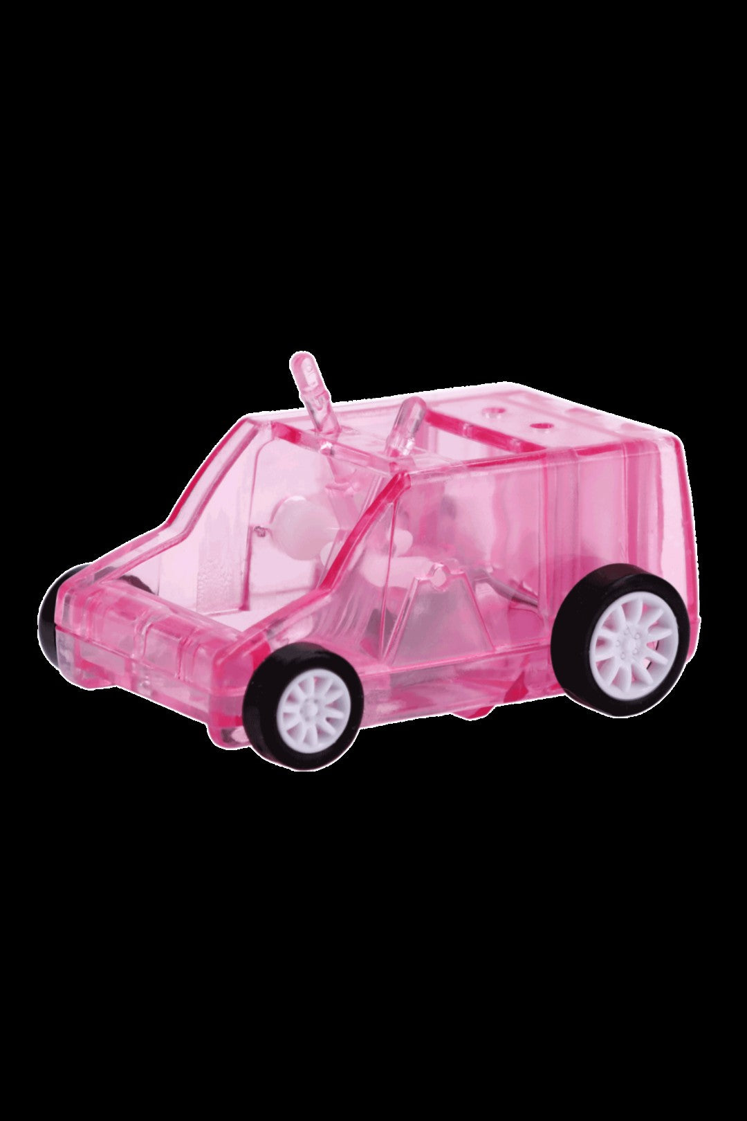 Pink glass cannabis pipe shaped like a van.