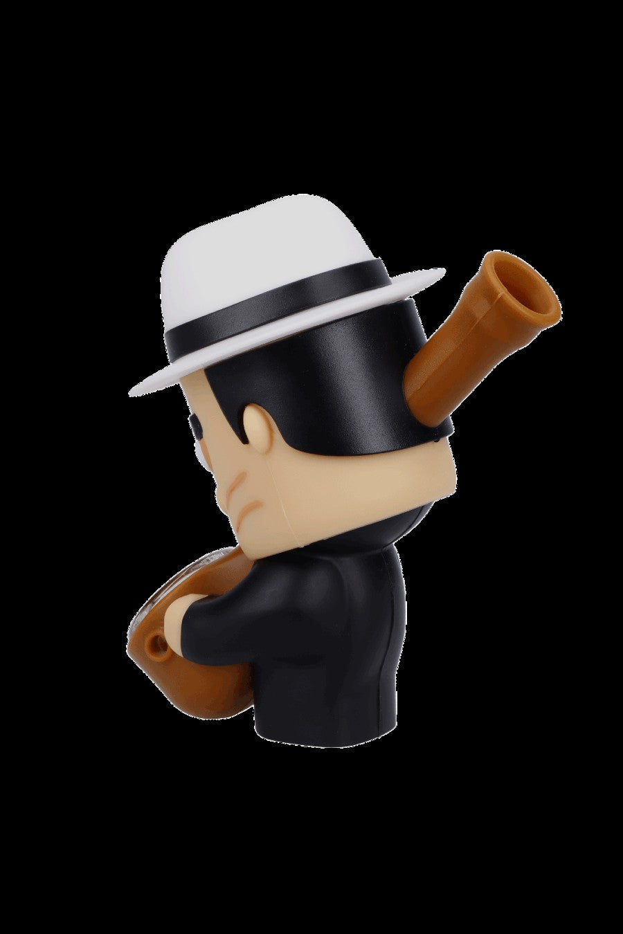 Stylized cartoon figure with a fedora smoking a large pipe.