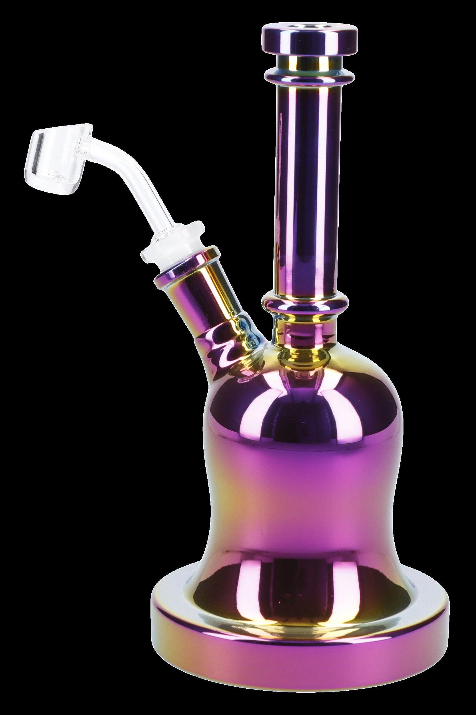 Iridescent glass water pipe (bong) with a white bowl piece.