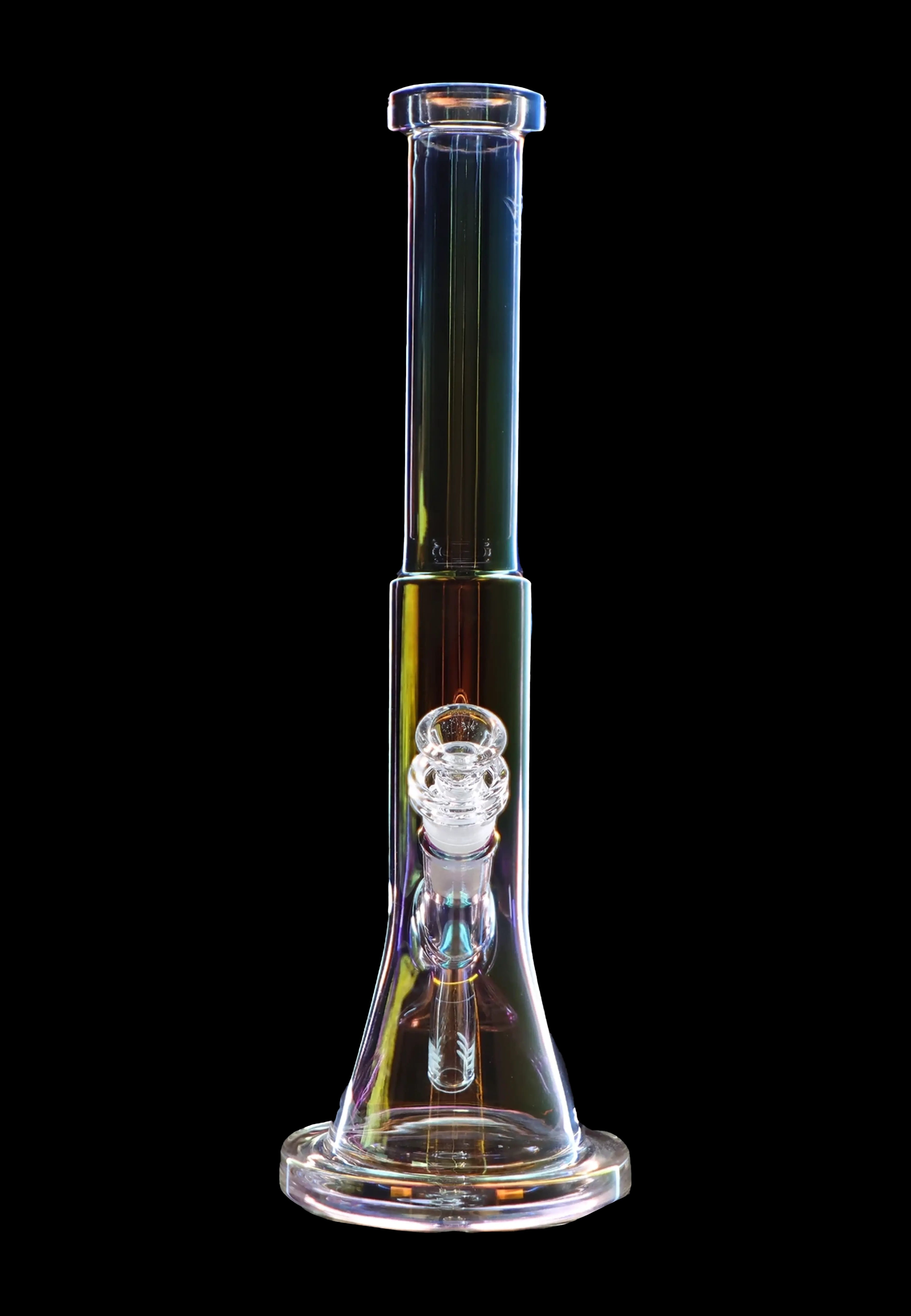 Iridescent glass bong against a black background.