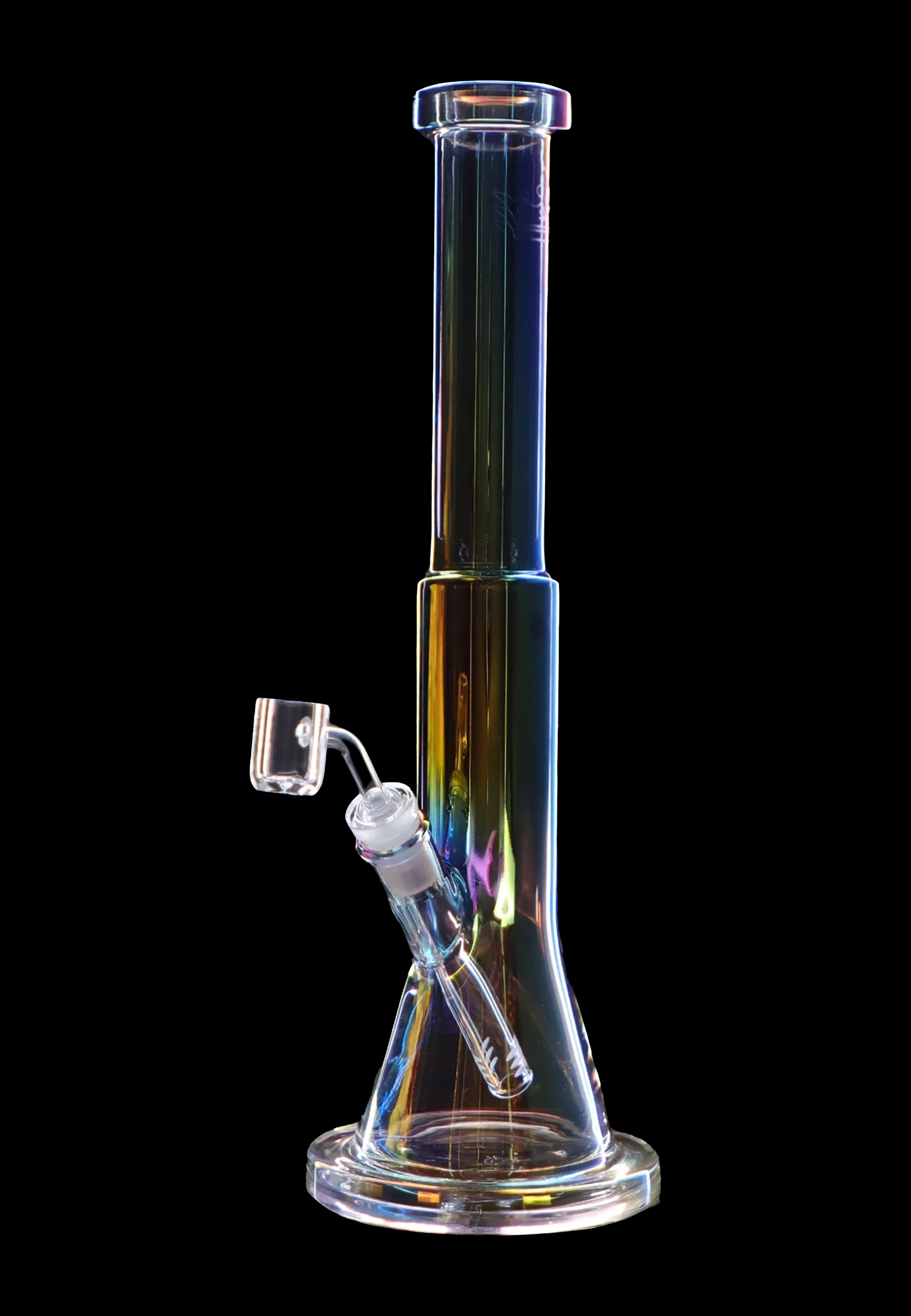 Iridescent glass water pipe with a glass bowl, isolated on black.