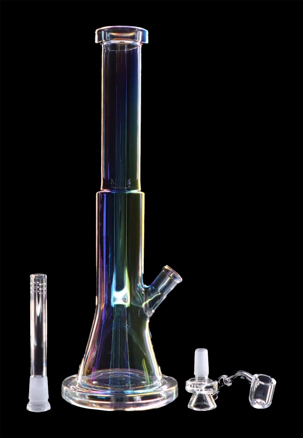 Iridescent glass bong with downstem and bowl displayed on a black background.