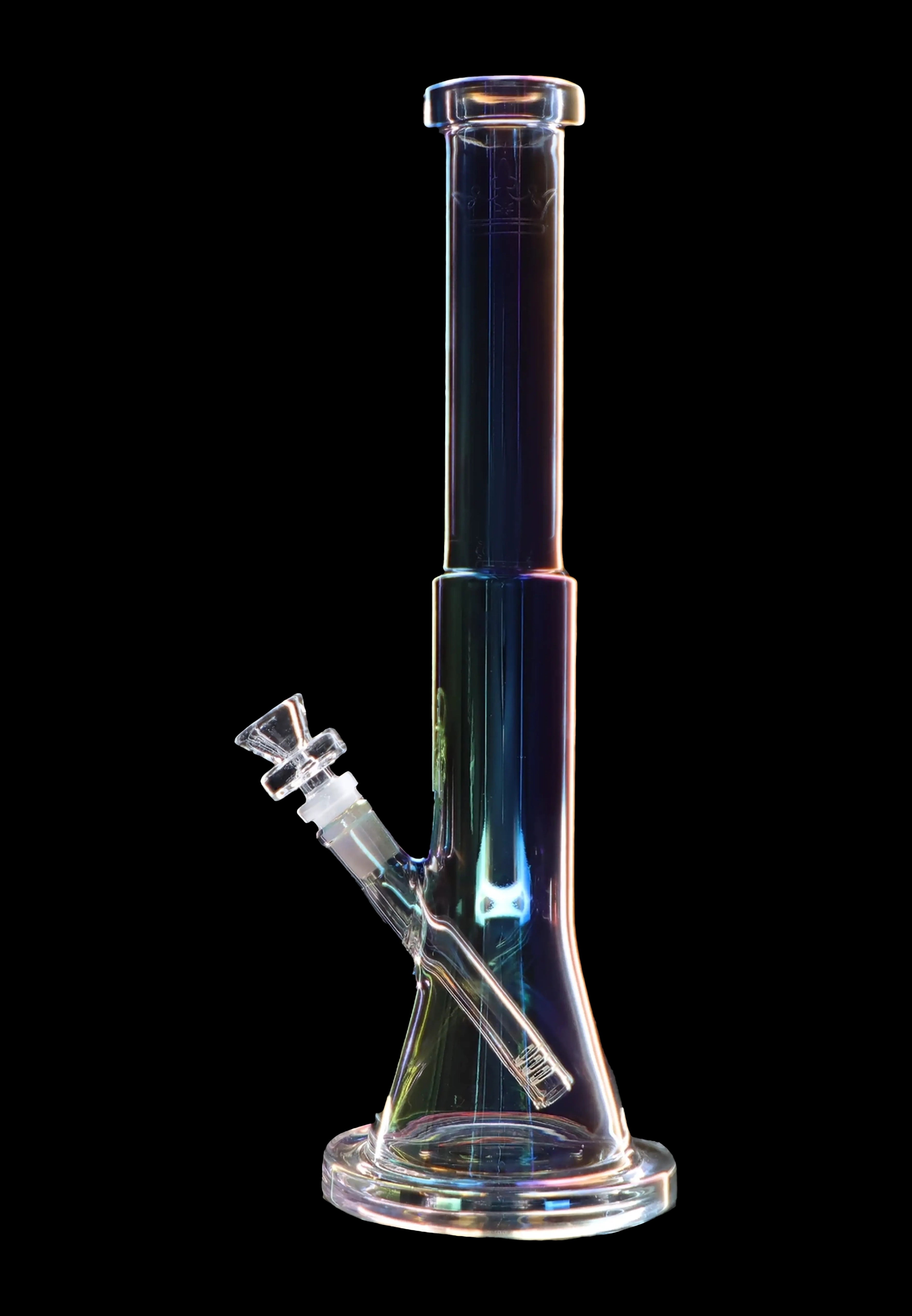 Iridescent glass bong with a downstem and bowl, isolated on a black background.