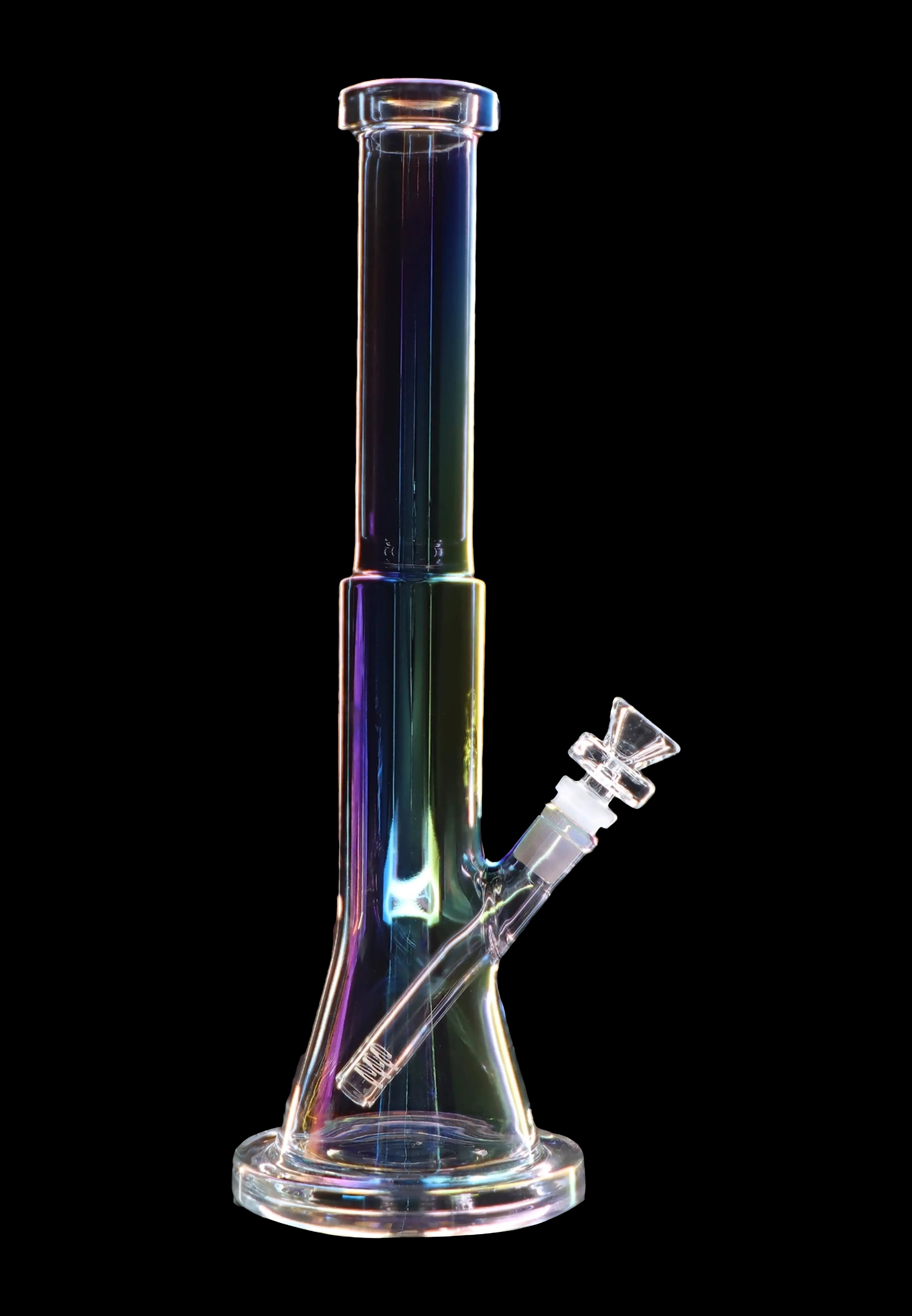 Iridescent glass water pipe (bong) with a downstem, isolated on a black background.