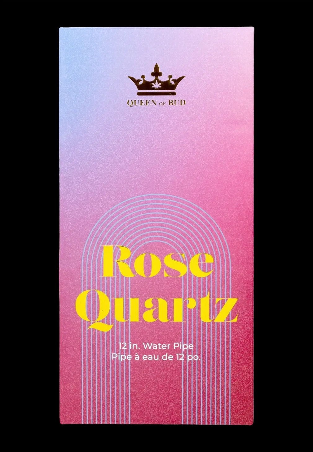 Pink packaging for “Rose Quartz” 12-inch water pipe with cannabis leaf crown logo. <start_of_image>