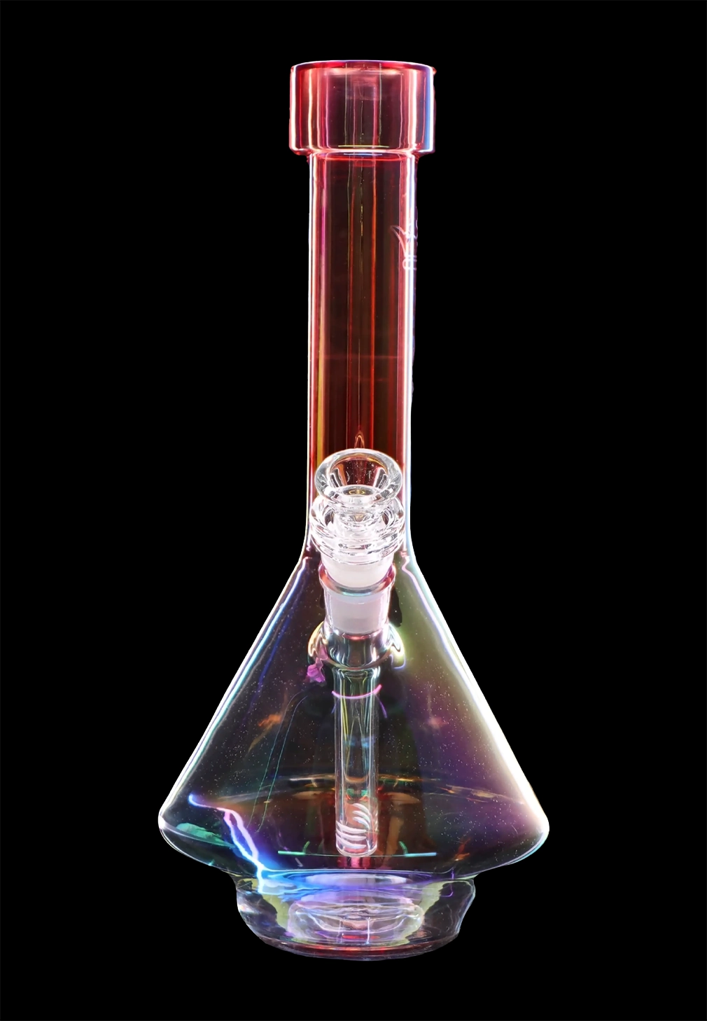 Iridescent glass bong with a clear bowl piece against a black background.