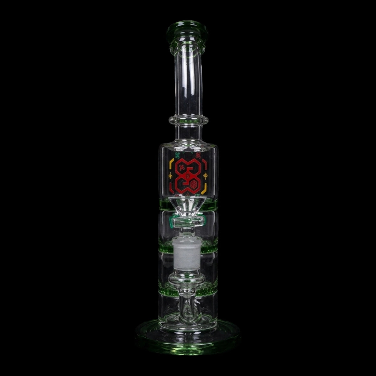 Centered front view of the Smoke Cartel-Bent Neck Water Pipe w/Triple Honey Comb Perc-Green-9.5 in showing its clear glass body, green accents, and red honeycomb decal against black