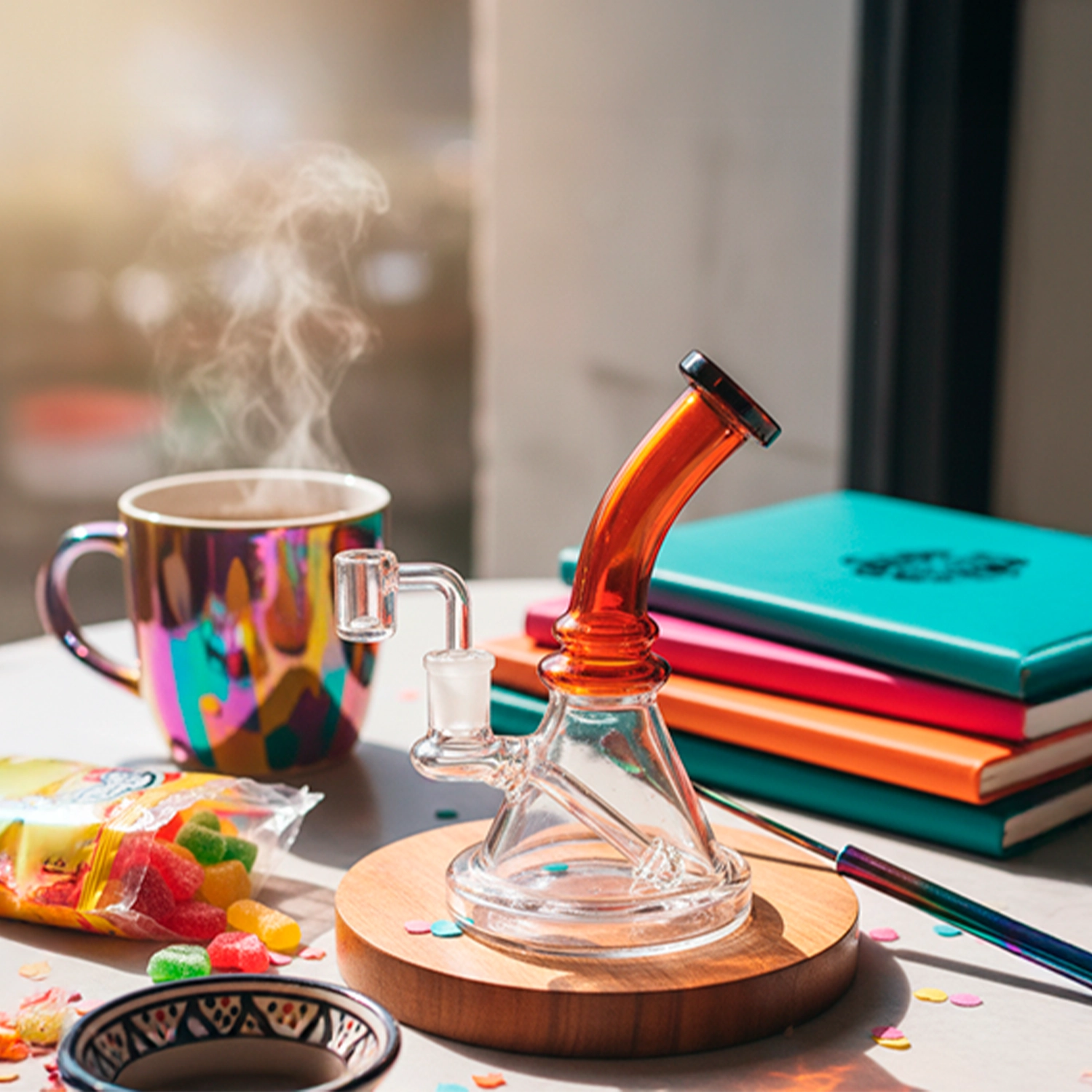 Angled close-up of a yellow Mini Bent Neck Bong with an amber bent neck on a wooden coaster beside a steaming iridescent mug and stacked colorful notebooks