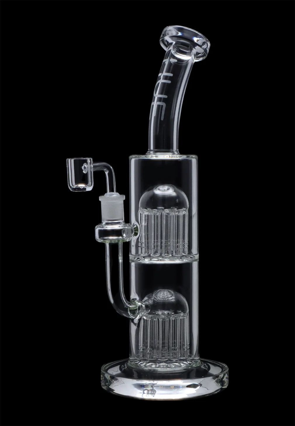 Straight-on view of the Hue - Jellyfish Bong Clear - 13" showing its stacked dual-chamber clear glass body, curved neck, and percolator details against a black background