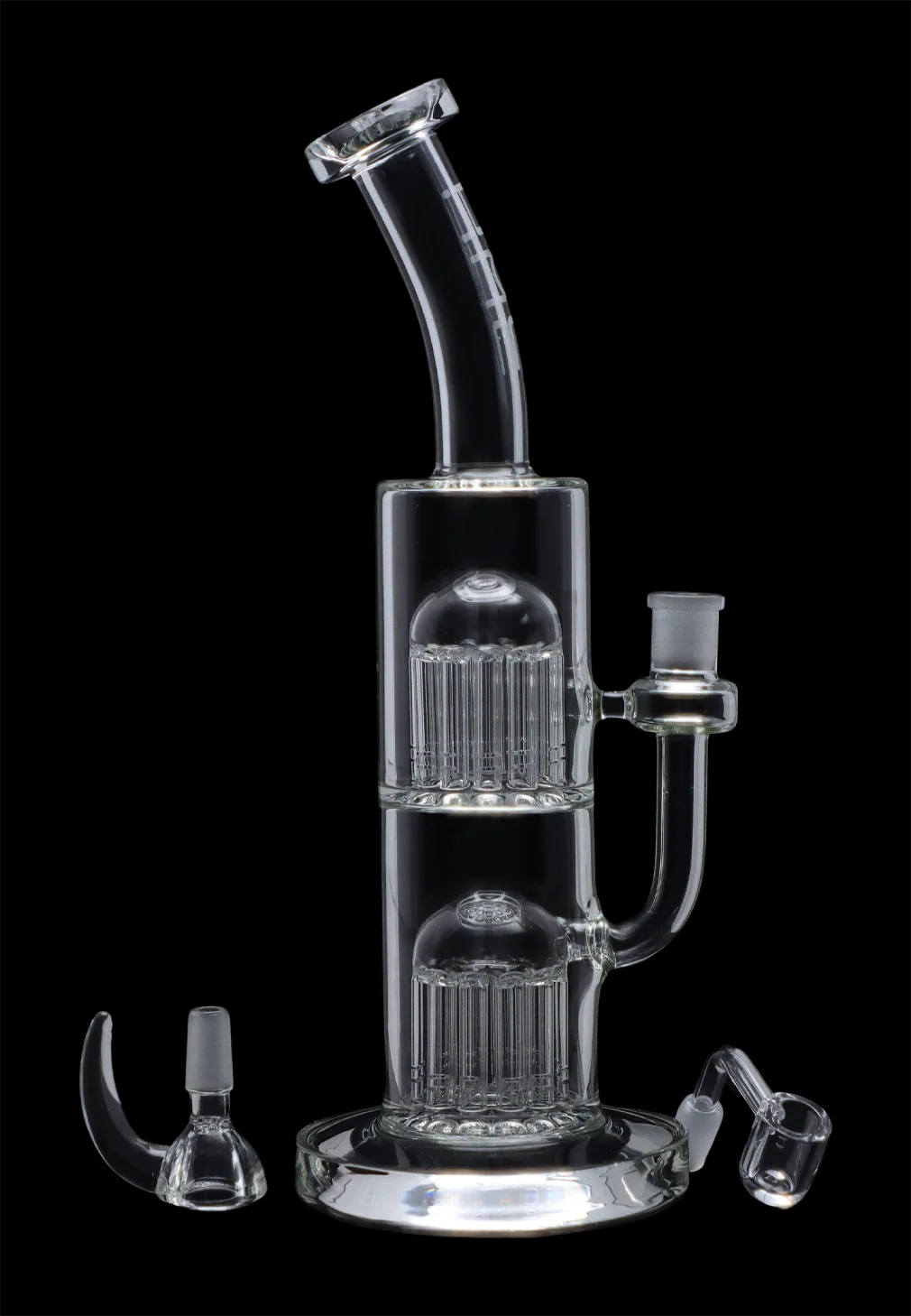 Studio-style front view of the Hue - Jellyfish Bong Clear - 13" showing its stacked dual-chamber clear glass percolators on a black background