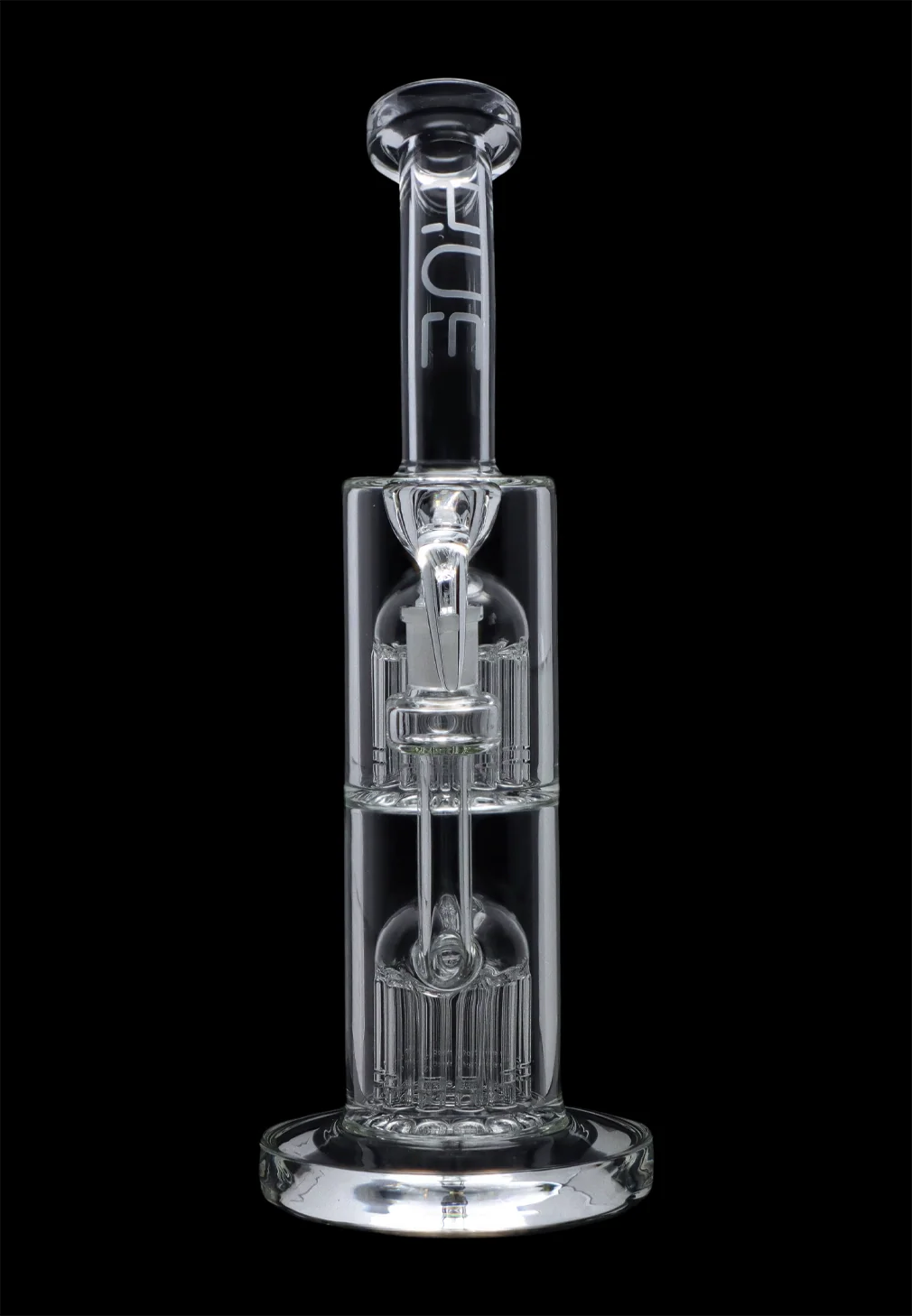 Center-frontal view of the Hue - Jellyfish Bong Clear - 13" standing on a reflective base against a black background, showcasing dual chamber jellyfish percolators.