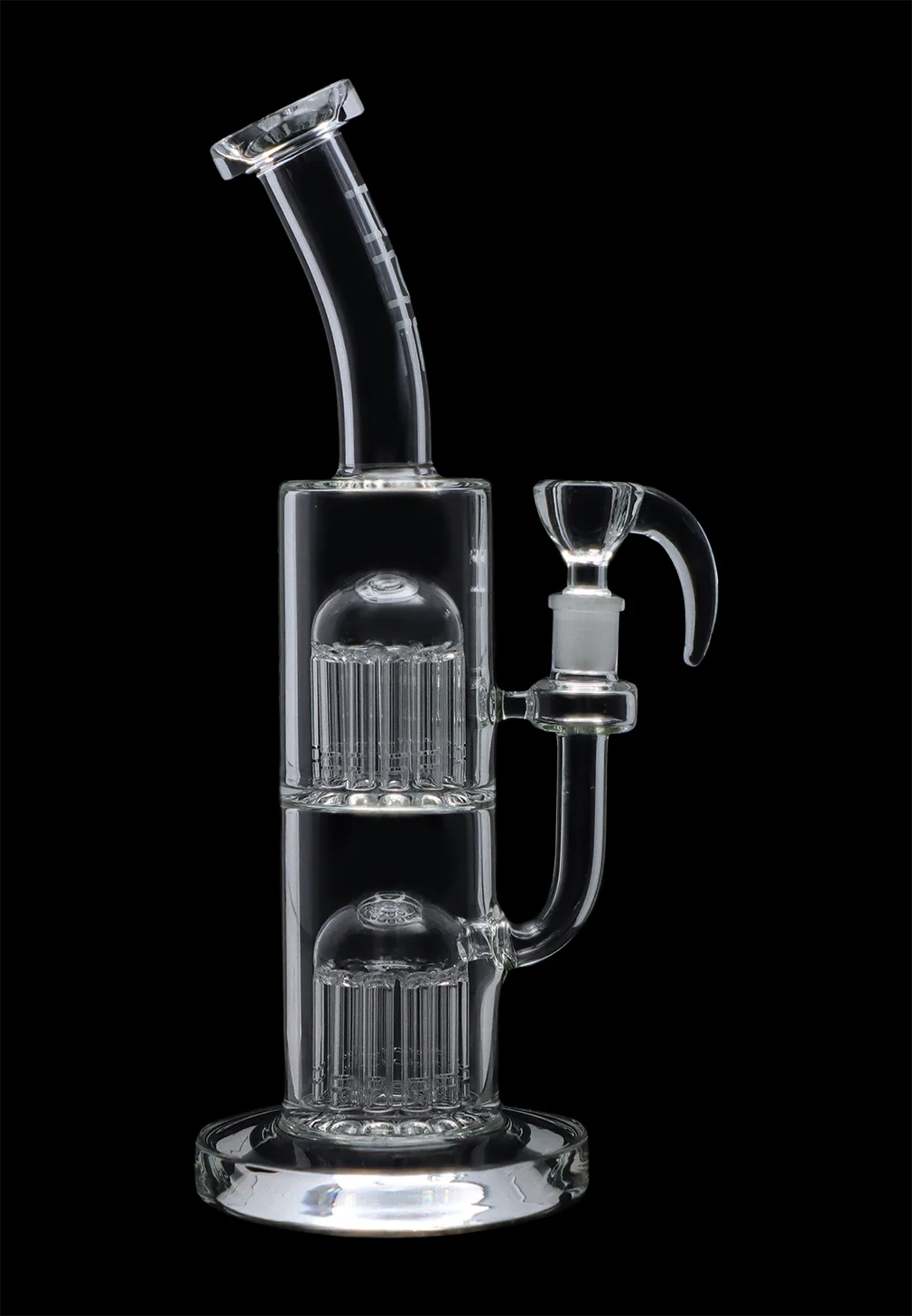 Studio-lit front view of the Hue - Jellyfish Bong Clear - 13" showing two stacked percolator chambers and a curved mouthpiece against a black background.