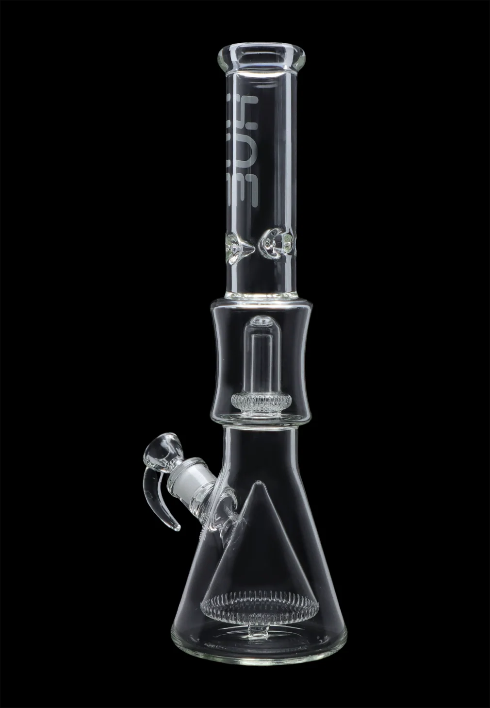Straight-on studio shot of the Hue - Pyramid Water Pipe Clear - 16.25" showing the clear glass beaker base, internal pyramid percolator, and straight neck against a black background
