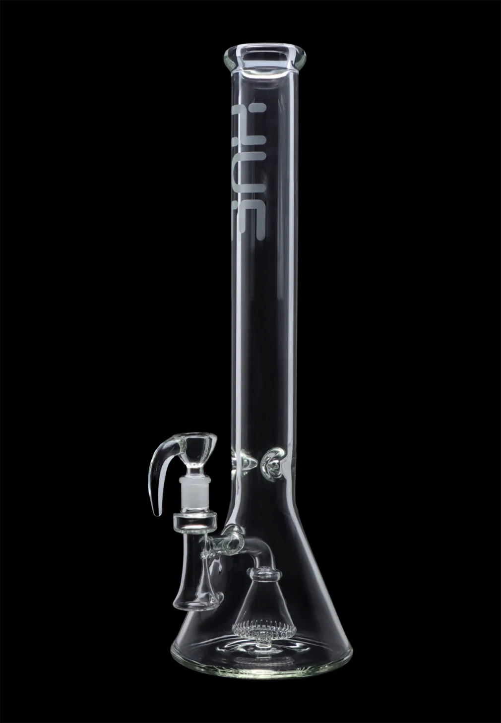Straight-on view of the Hue - Professor Water Pipe Clear - 18.5" showing the tall clear glass tube, beaker base, and downstem.