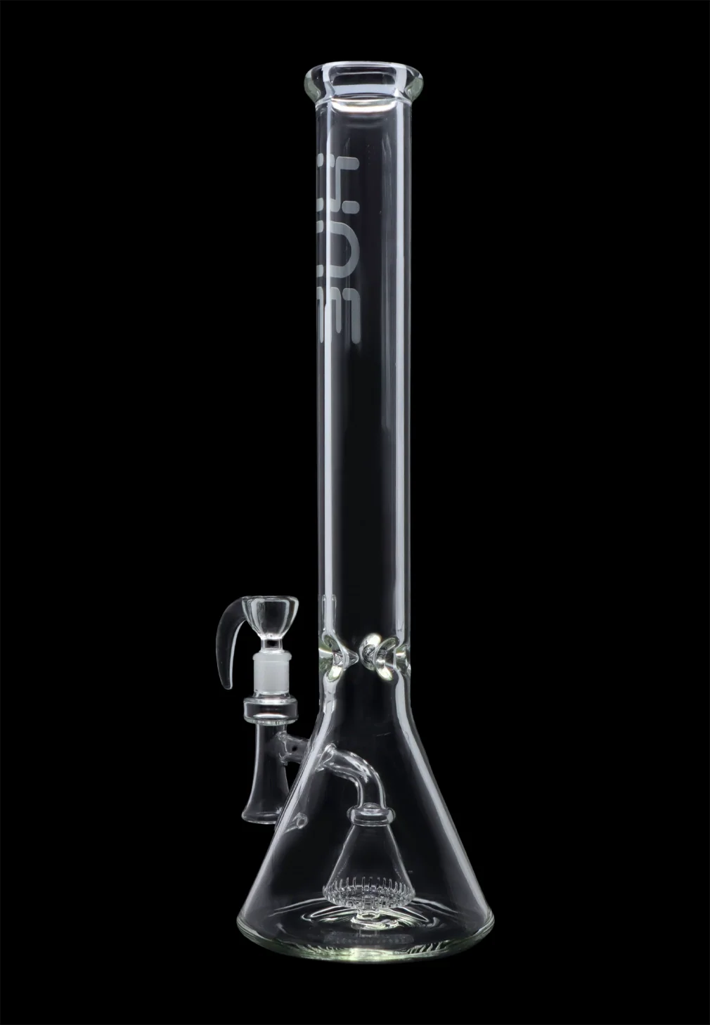 Front-facing view of the Hue - Professor Water Pipe Clear - 18.5" displaying the tall clear glass tube, beaker base and downstem against a black background