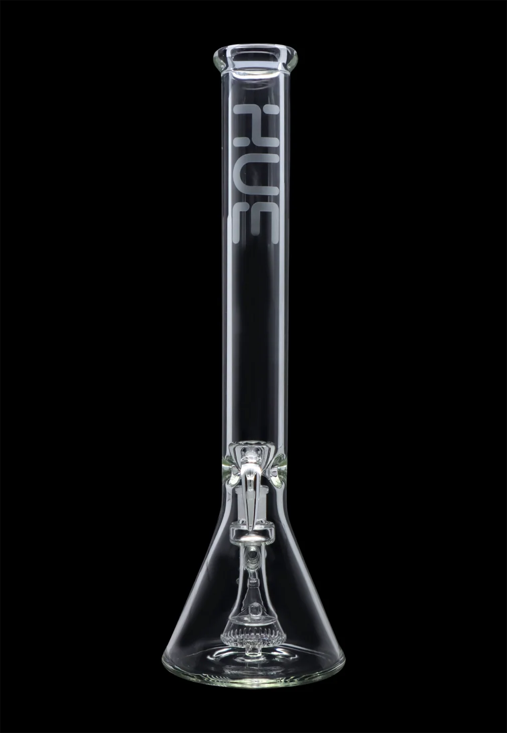 Center-front view of the Hue - Professor Water Pipe Clear - 18.5" standing upright on a black background, showing its straight tube, flared beaker base, and etched logo.