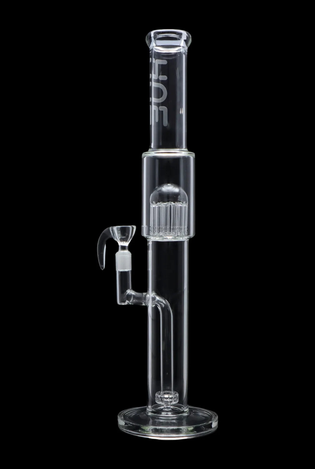 Straight-on studio shot of the Hue - Tower Water Pipe Clear - 17.75" showing the tall clear glass tube, circular base, and inline percolator against a black background