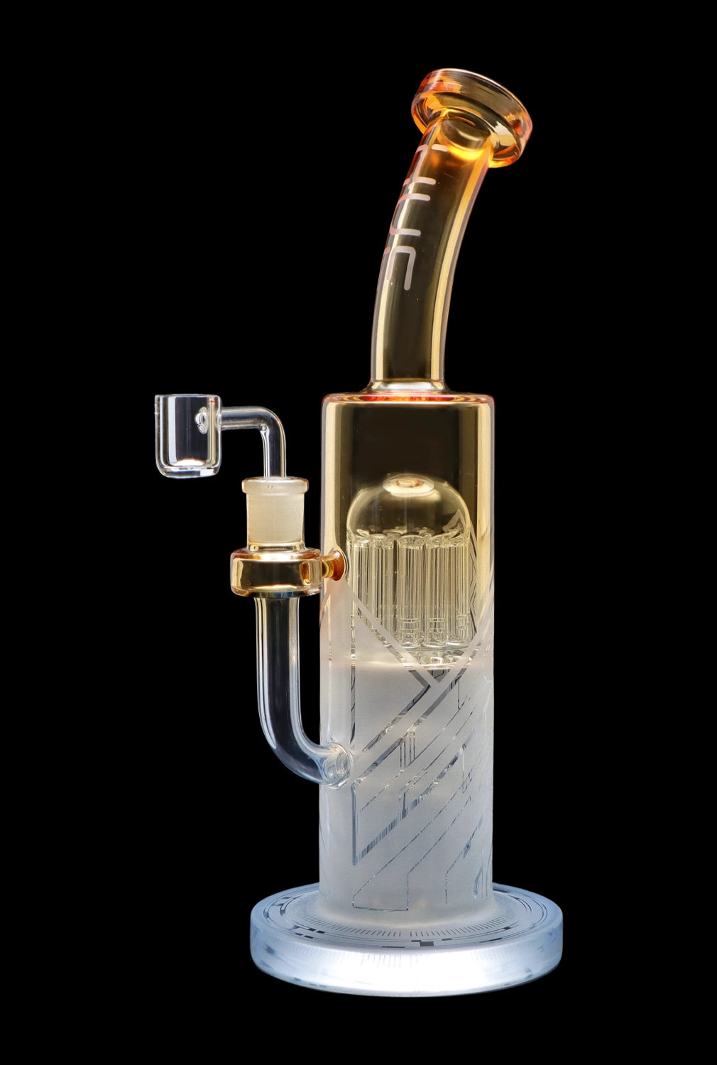 Clear glass water pipe (rig) with intricate perc diffusion and a quartz banger, isolated on a black background.