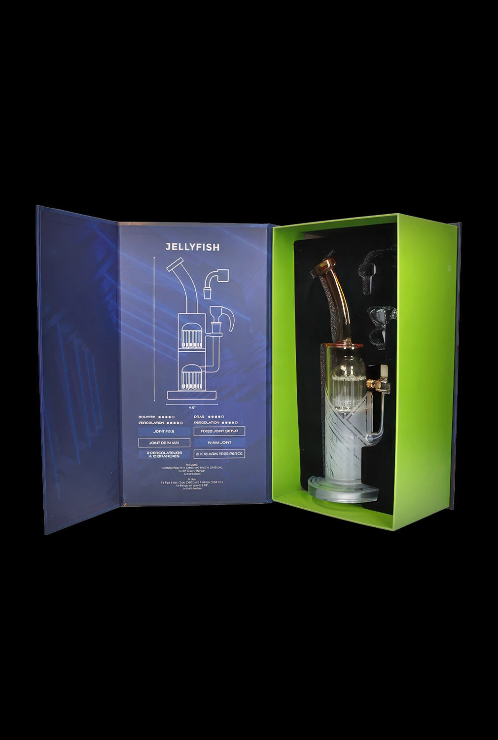 Luxury cannabis oil rig packaging featuring a glass water pipe and accessories inside a dark blue box with minimalist design.