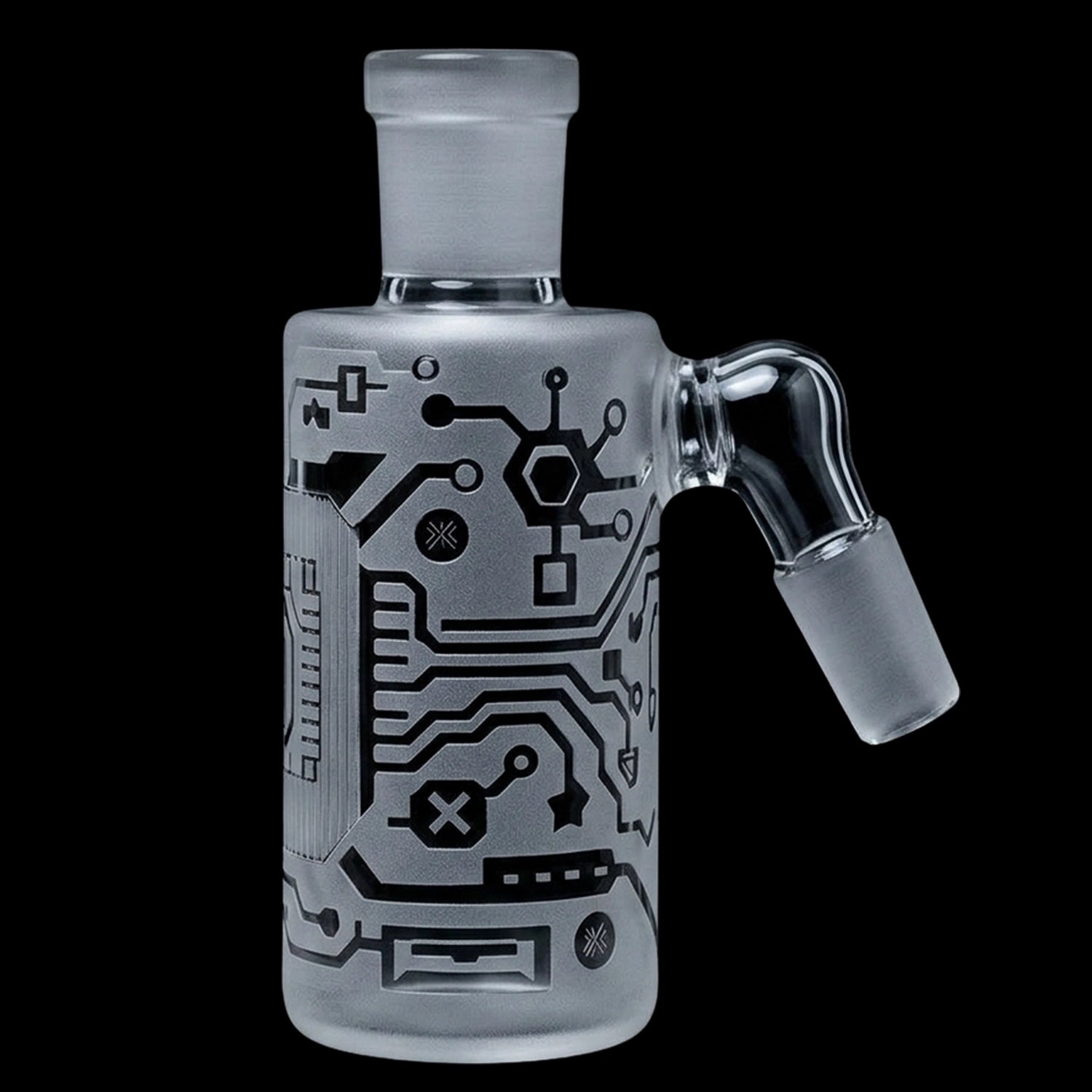 Close-up front view of the Milkyway Circuitboard Wet Ash Catcher showing a frosted clear glass body with black circuitboard graphics.