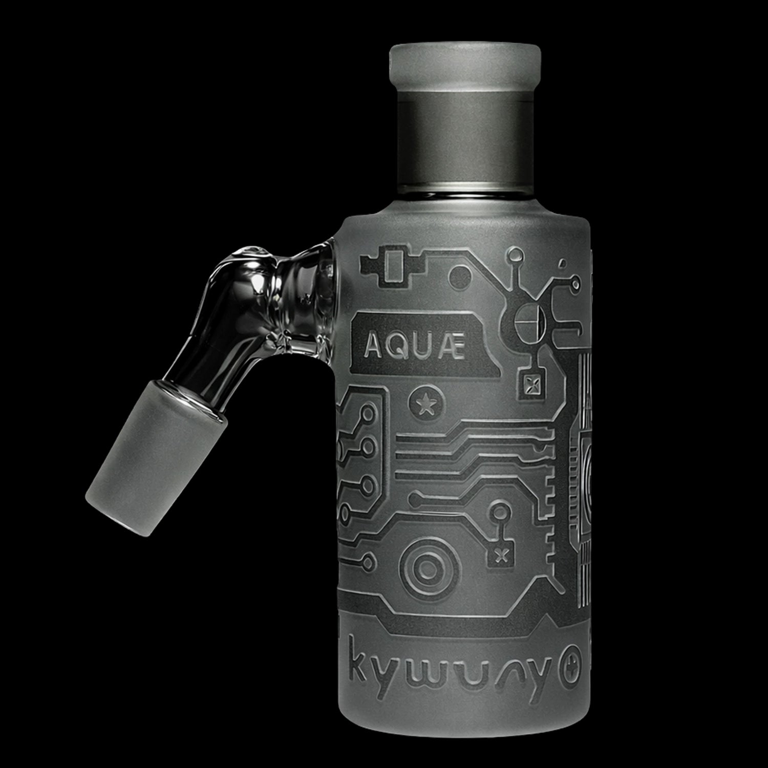 Close-up three-quarter view of the Milkyway Circuitboard Wet Ash Catcher showing its frosted smoke glass surface with circuit-board etching and a clear angled glass joint.