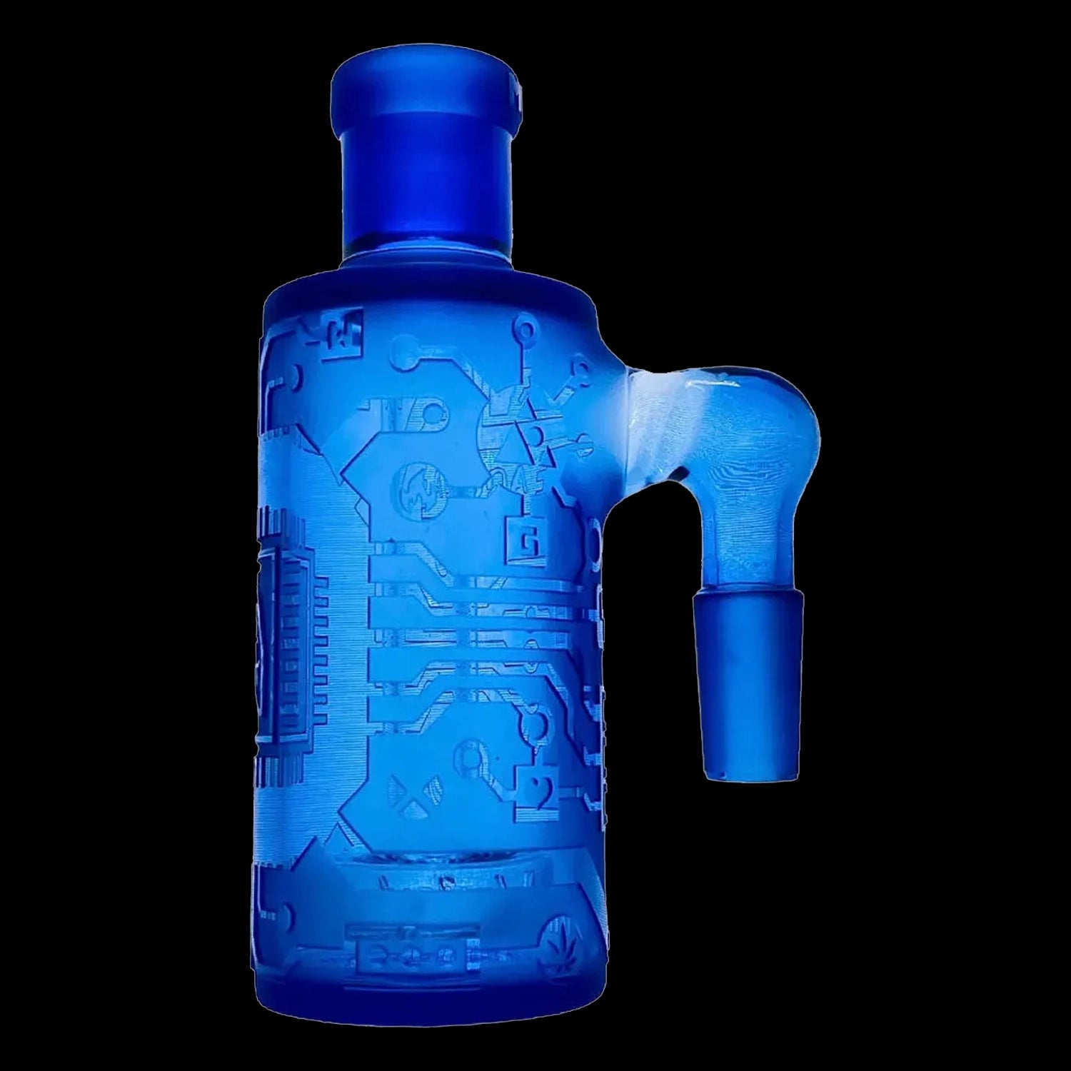 Close-up side view of the Milkyway Circuitboard Wet Ash Catcher in translucent blue against a black background, highlighting its 90-degree joint and etched circuitboard pattern.