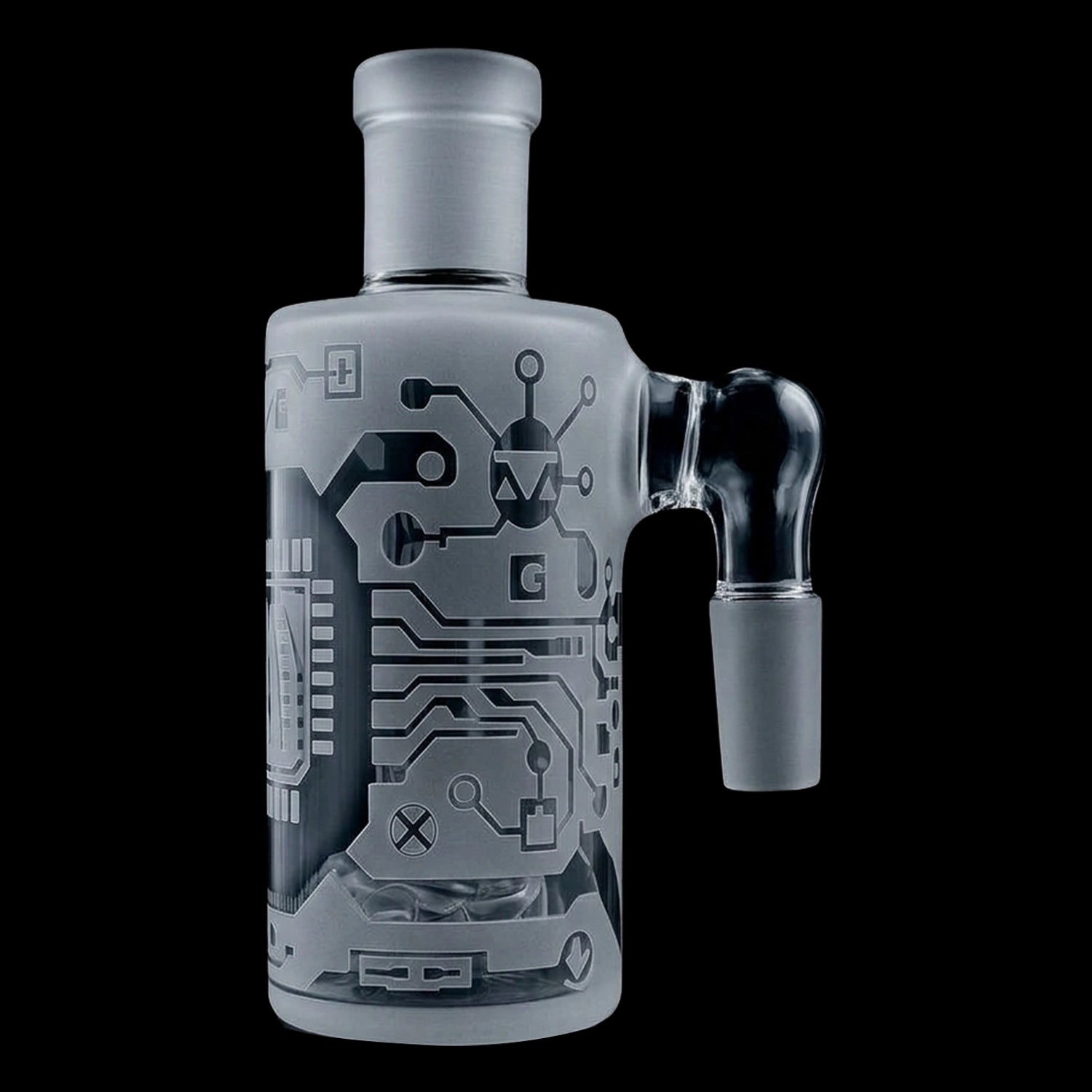 Close-up front view of the Milkyway Circuitboard Wet Ash Catcher showing frosted clear glass with etched circuitboard graphics and a right-side joint.