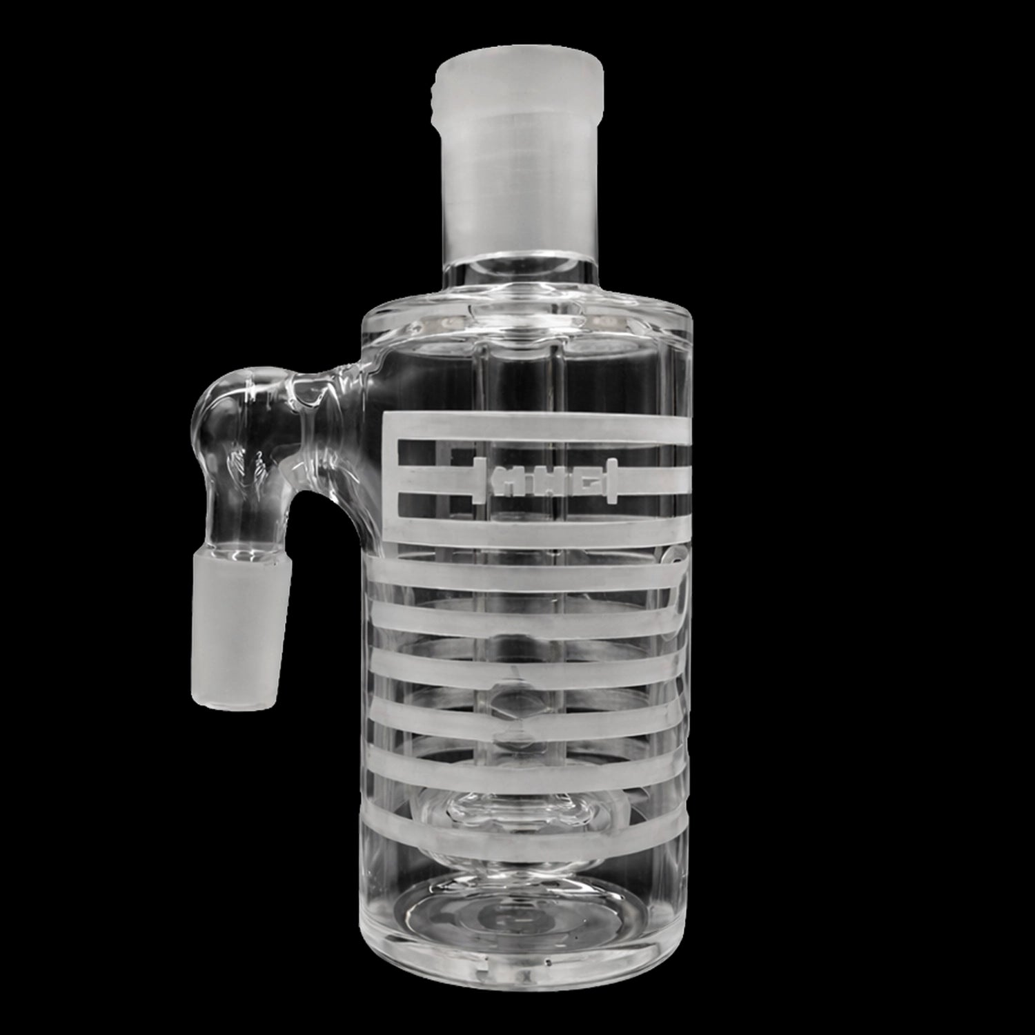 Close-up front view of the clear Milkyway Universe Ash Catcher showing its frosted joint, horizontal etched bands, and internal percolator against a black background