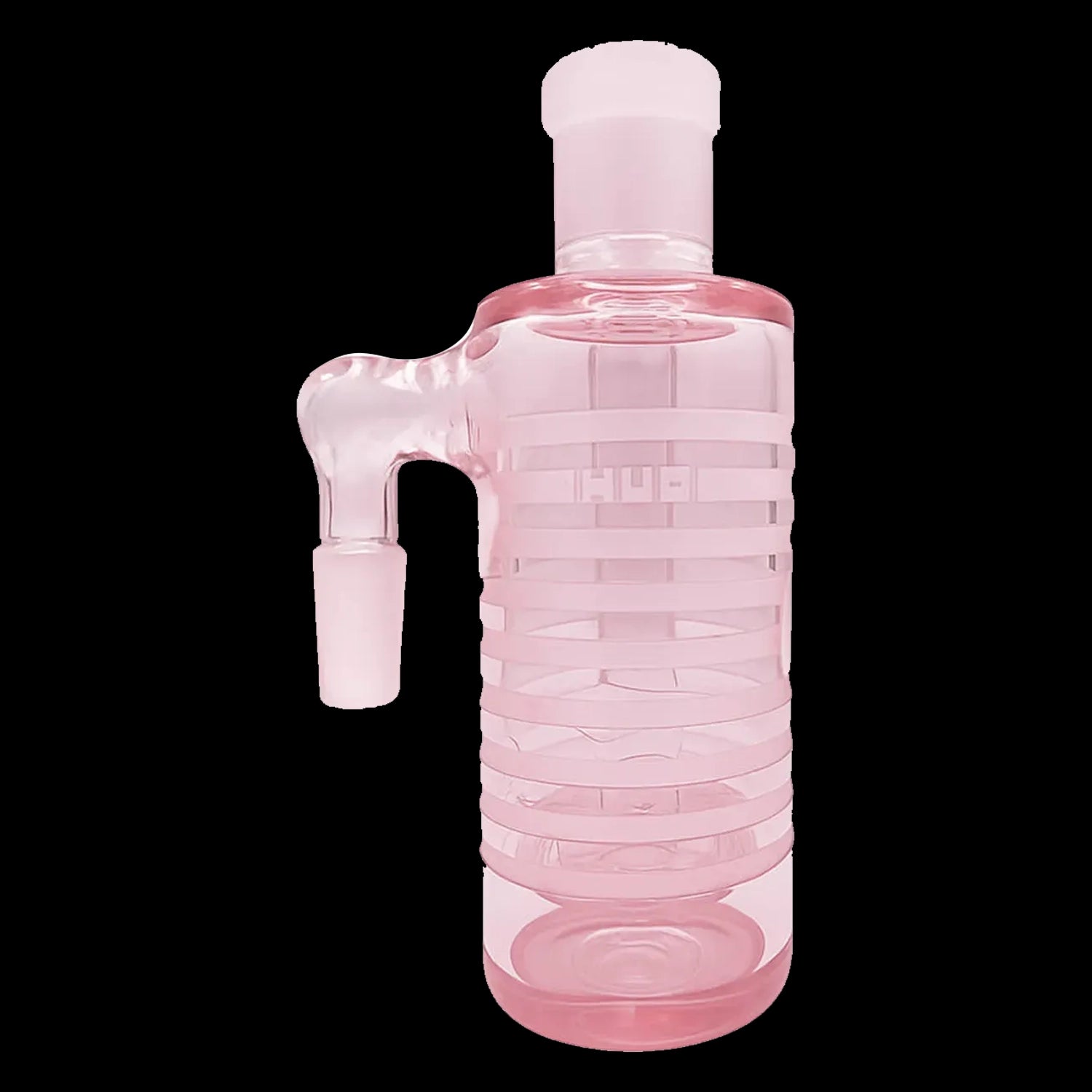 Close-up front view of the pink Milkyway Universe Ash Catcher showing its 90° joint and stacked ring glass body against a black background.