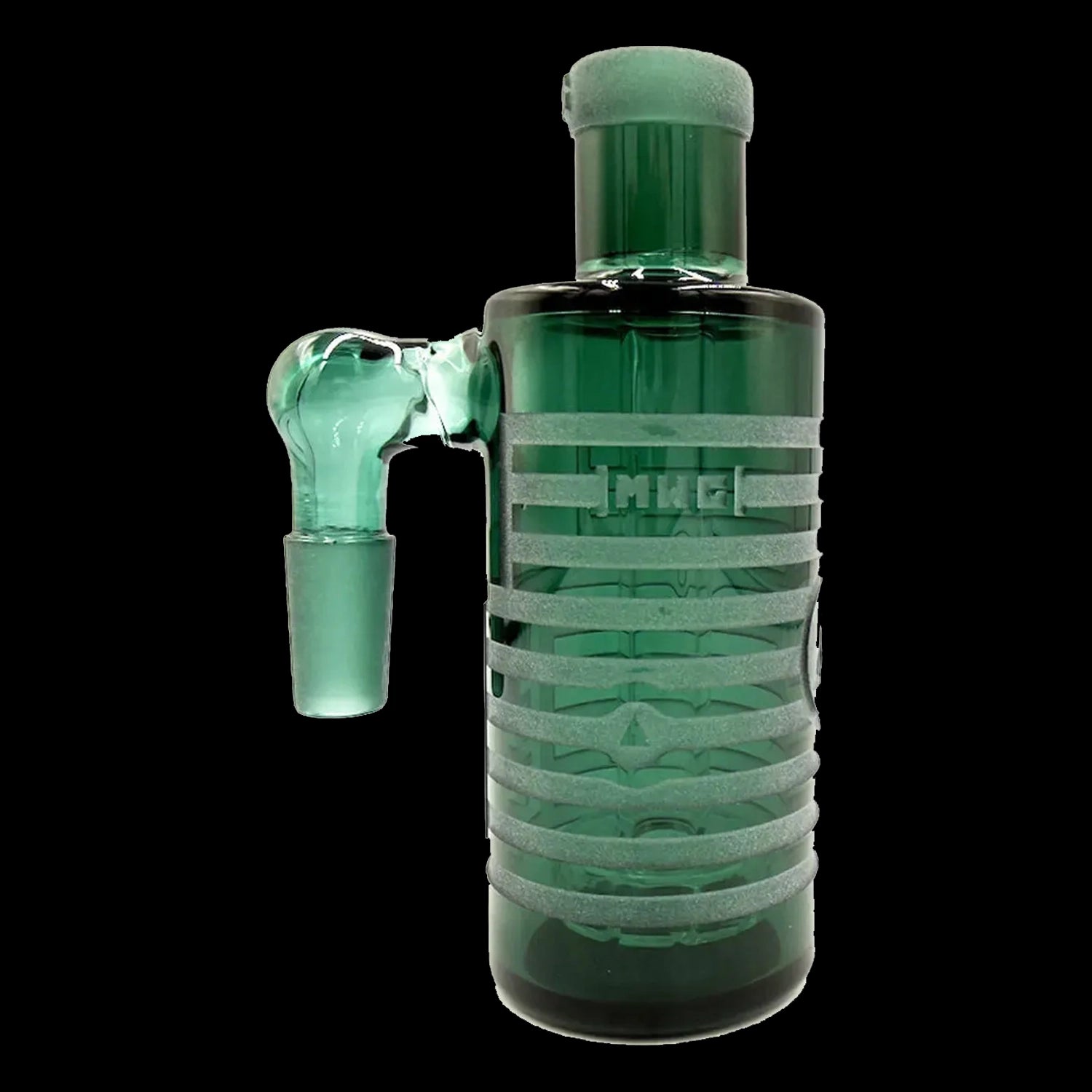 Close-up side view of the blue Milkyway Universe Ash Catcher against a black background, showing its ribbed body and angled joint.