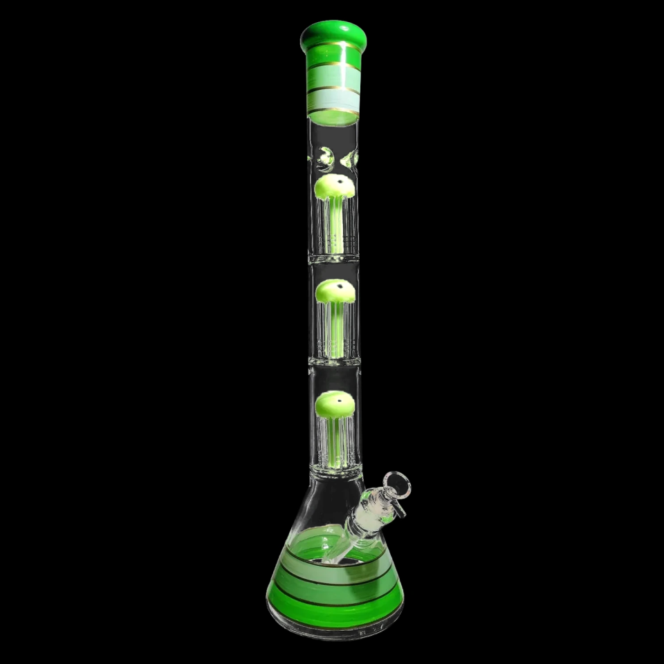 Straight-on view of the Smoke Cartel Triple Chamber Mushroom Perc Beaker Bong - 22 in. in clear glass with bright green accents.