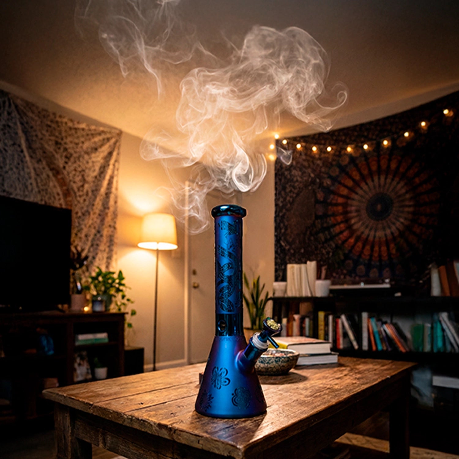 A frontal view of the Smoke Cartel Electro Plated Beaker Bong - 10 in. on a wooden table with swirling smoke and warm room lighting
