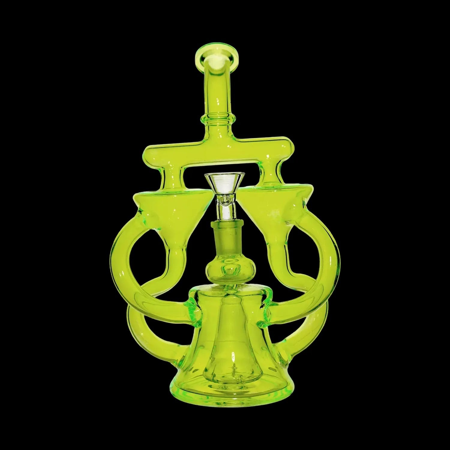 Green glass dab rig with intricate looping design.