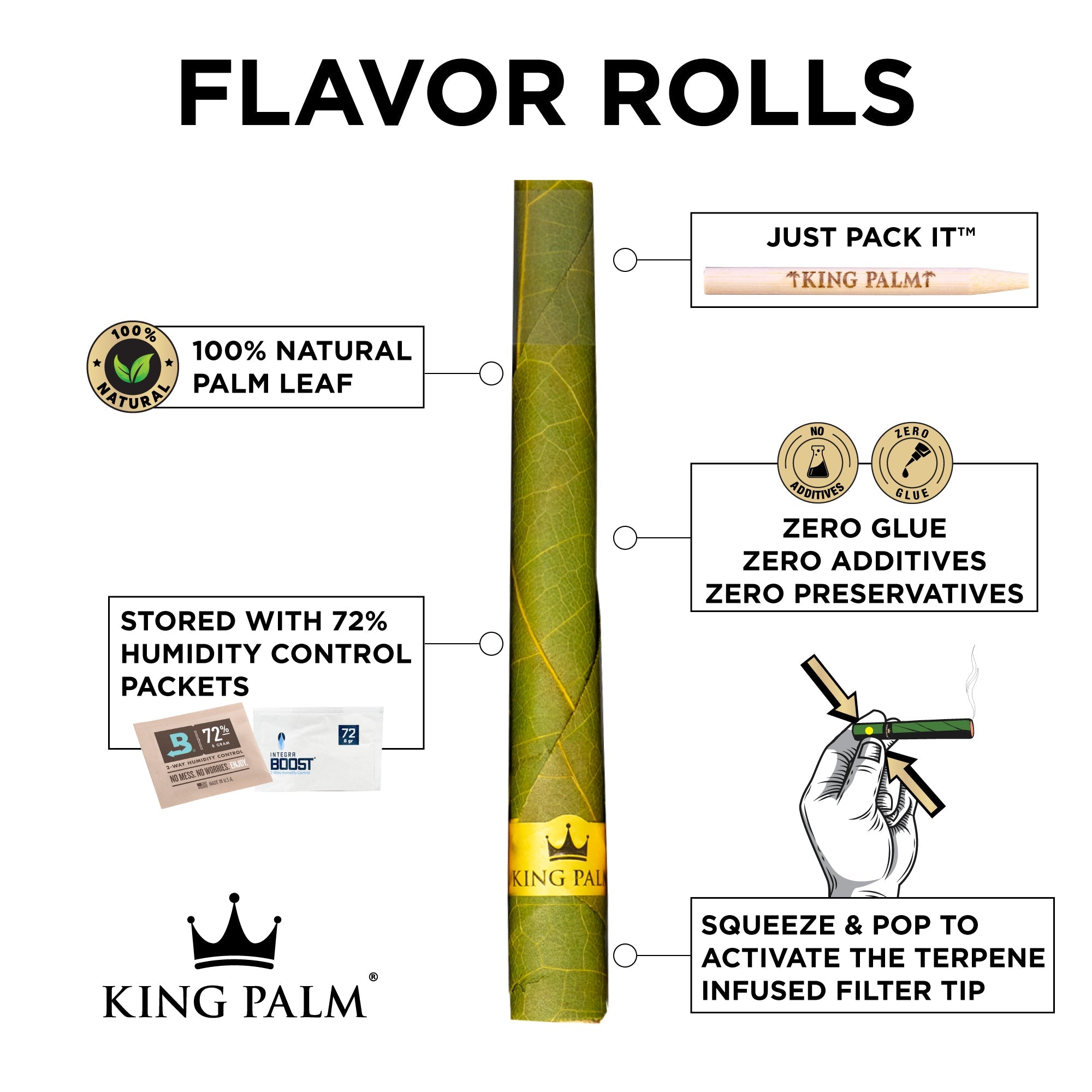 Product advertisement for King Palm pre-rolled cones, highlighting natural palm leaf material, humidity control packets, and a terpene-infused filter tip.