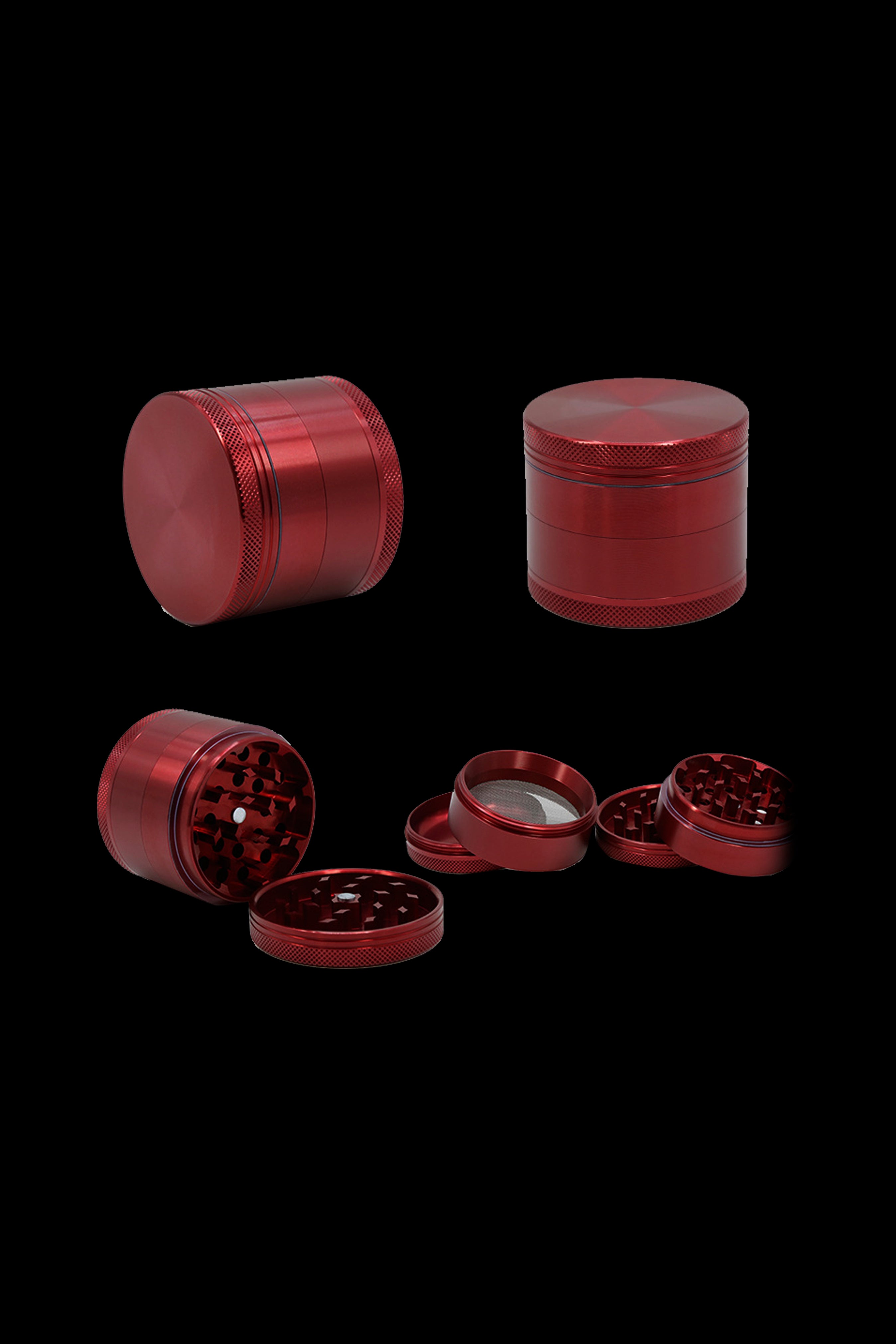 Red four-piece metal grinder for cannabis, shown assembled and disassembled.