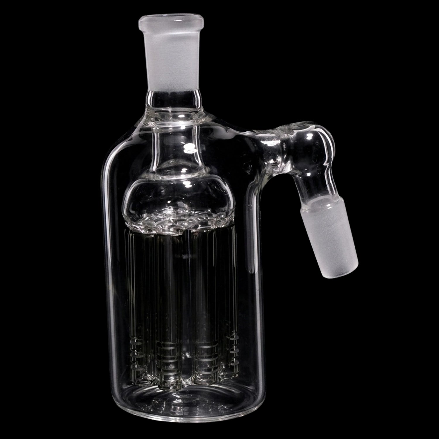 Close-up angled view of the Smoke Cartel 8 Arm Tree Perc Ash Catcher - 90 degree - 14mm showing clear glass percolator arms and a frosted 90-degree joint against a black background