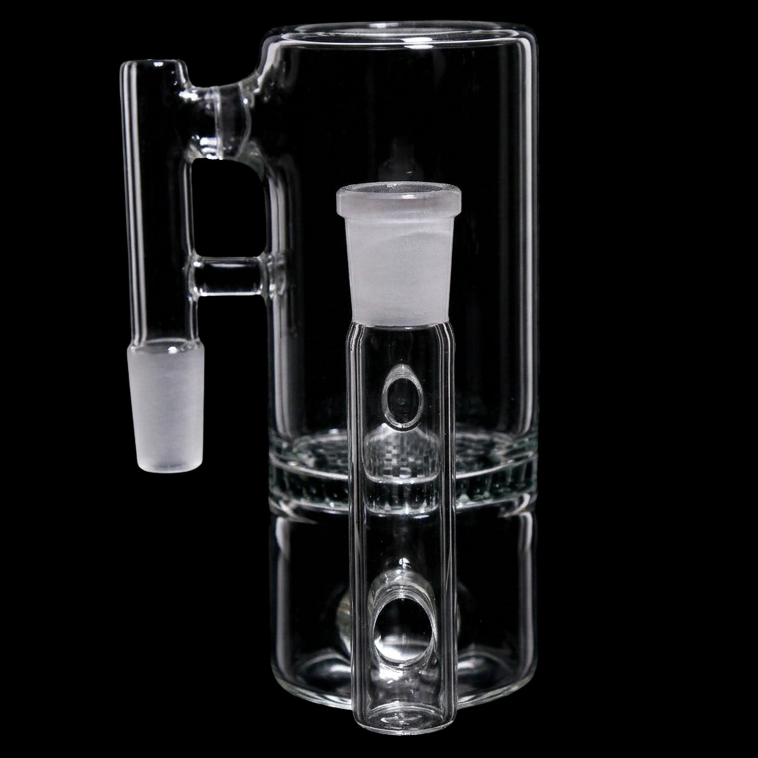 Close-up front view of the Smoke Cartel Honeycomb Ash Catcher - 90 degree - 14mm showing clear glass chambers and frosted joints against a black background.