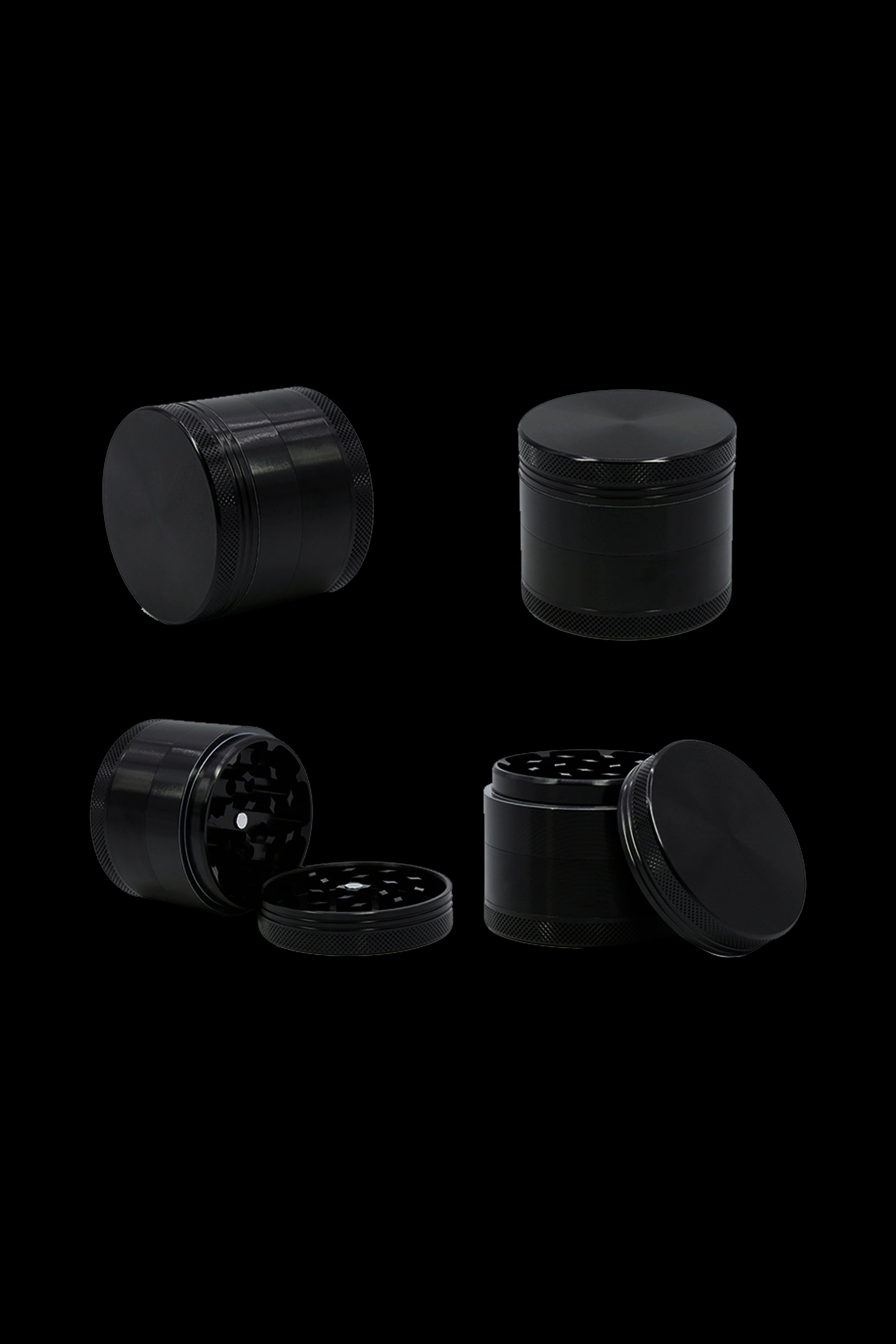 Black four-piece cannabis grinder set displayed in various disassembled views.