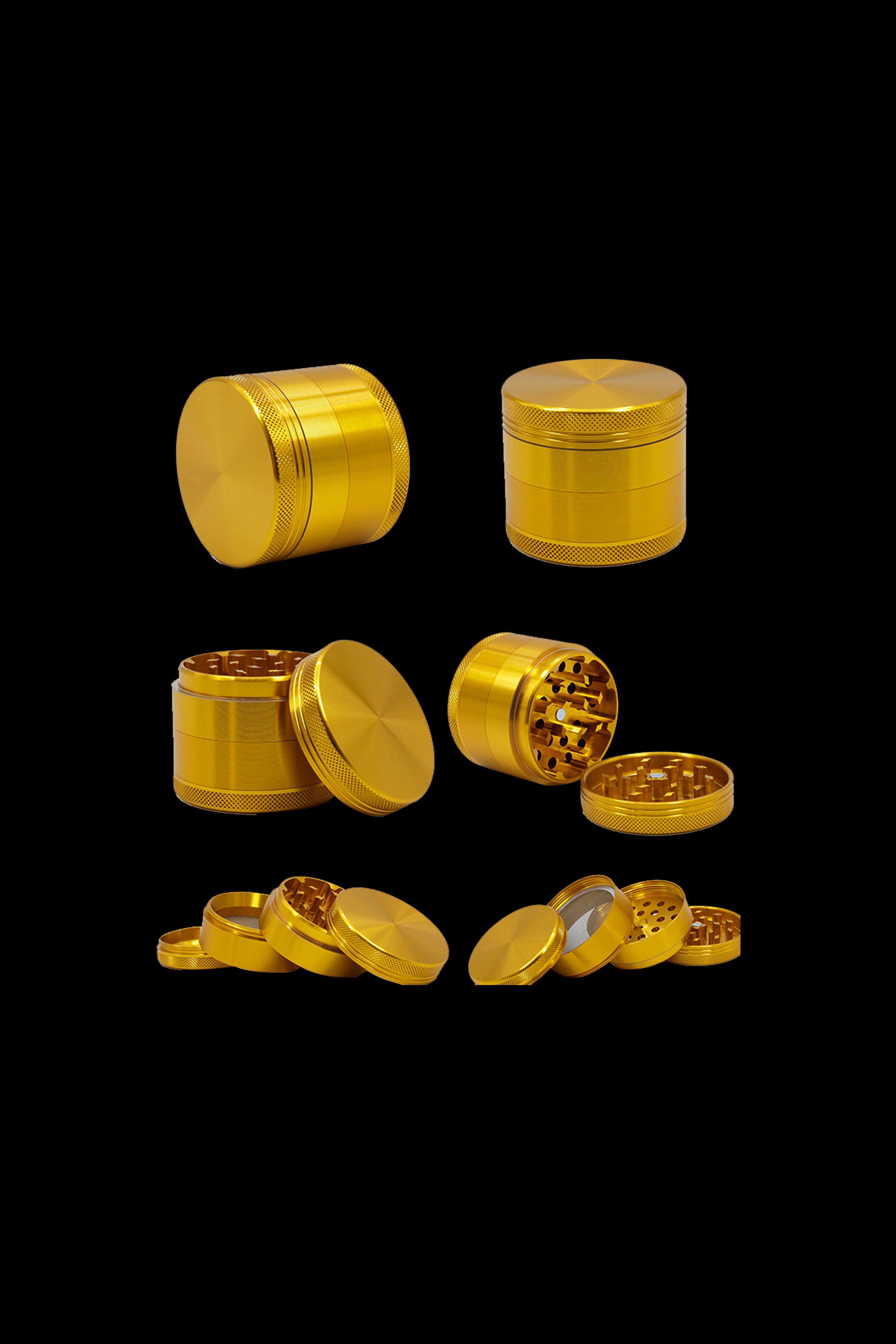 Gold four-piece cannabis grinder showcased from multiple angles.