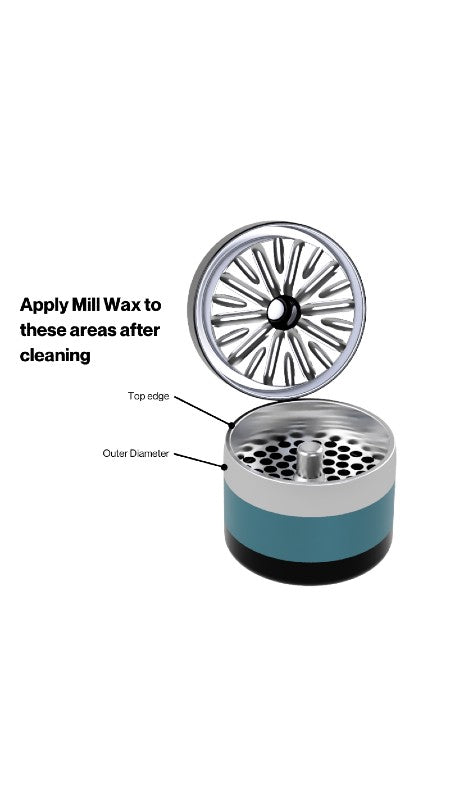 Opened grinder with labels indicating areas to apply wax after cleaning.