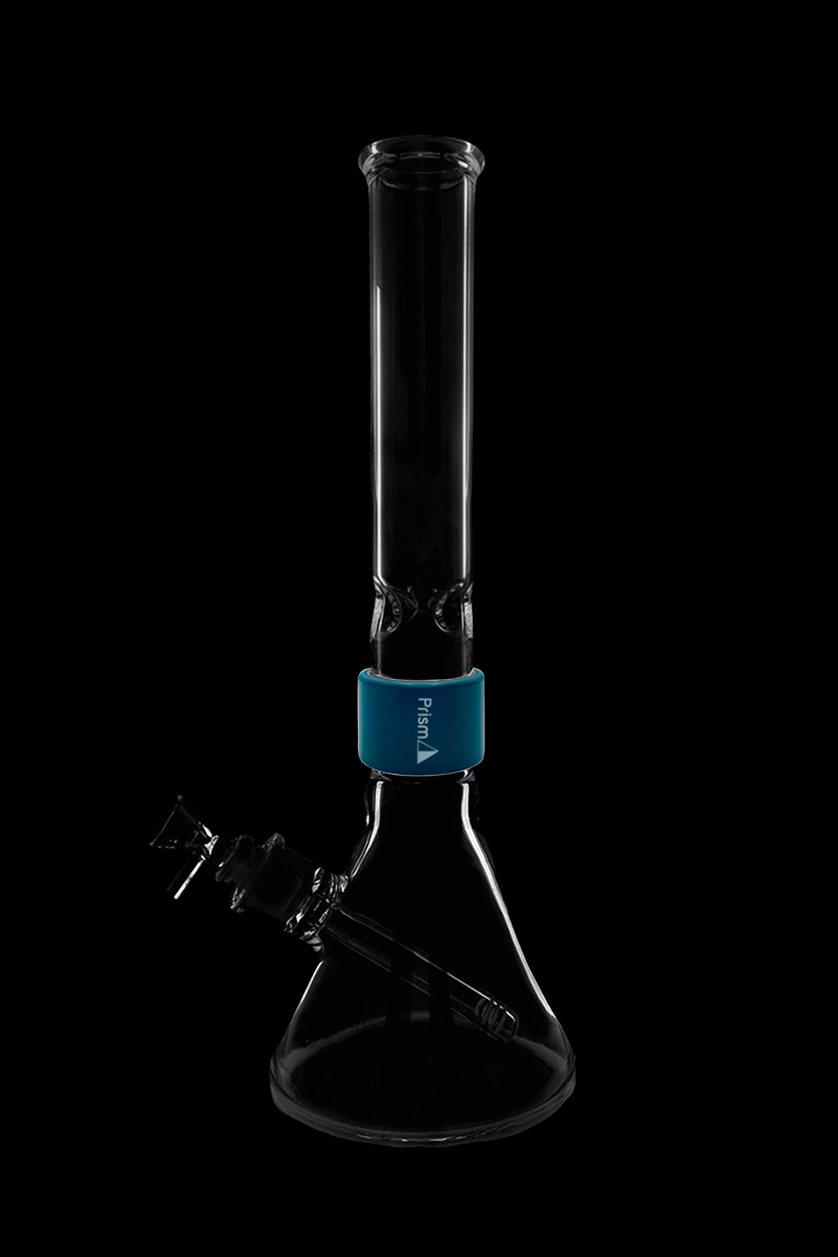 Clear glass bong with a blue accent band and intricate percolator visible within.