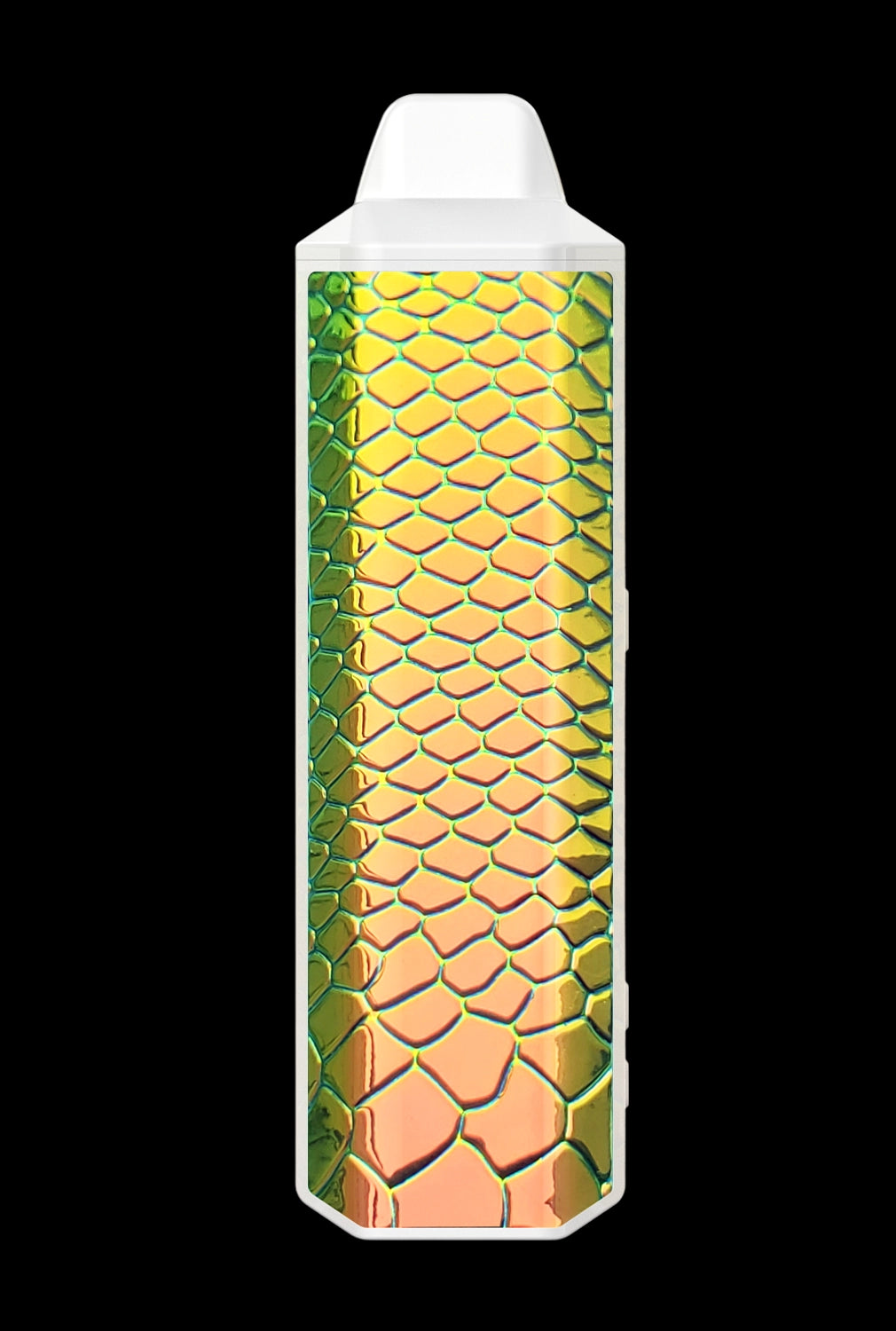 Iridescent cannabis vape pen with a hexagonal scale pattern.