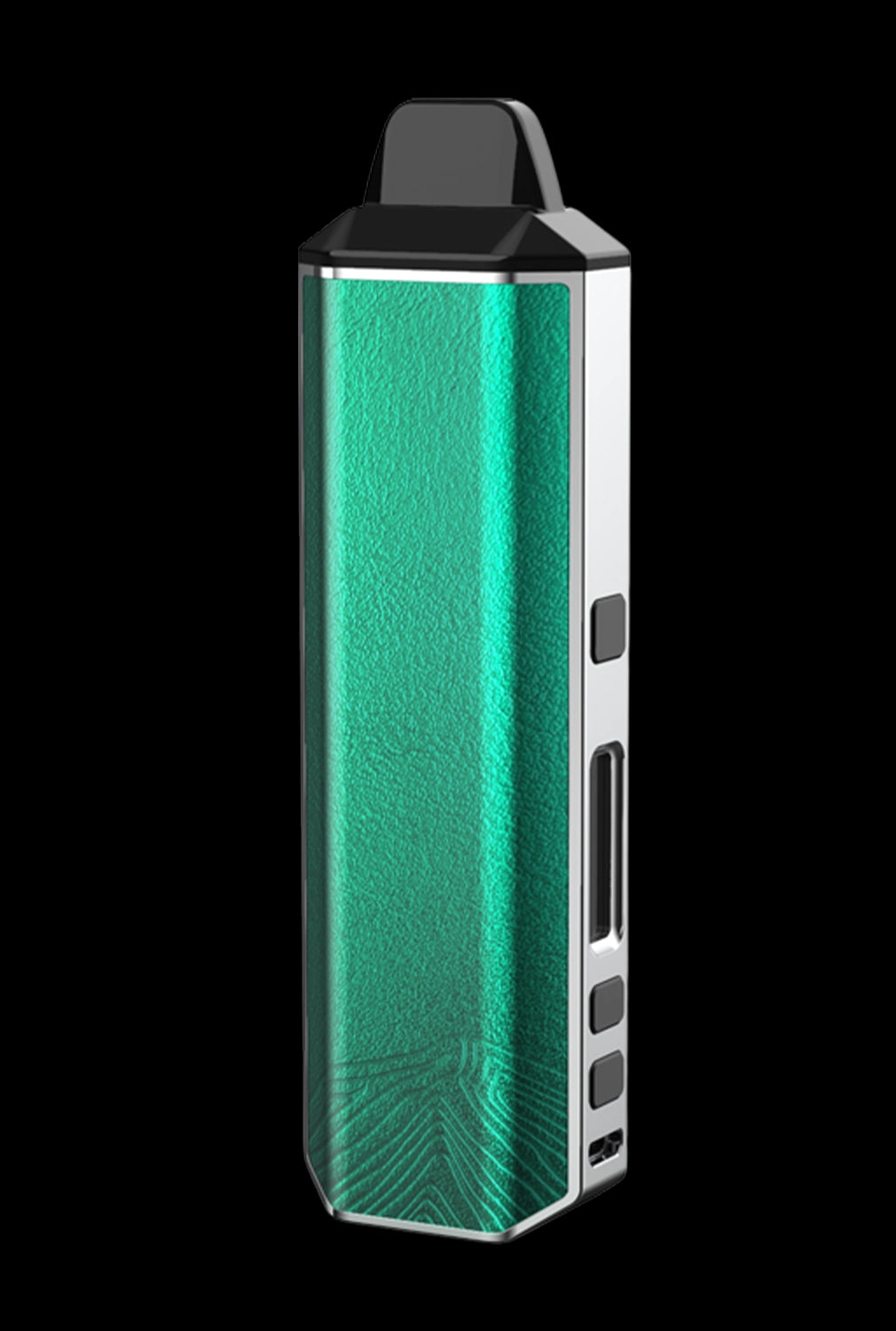 Emerald green cannabis vaporizer pen on a black background.