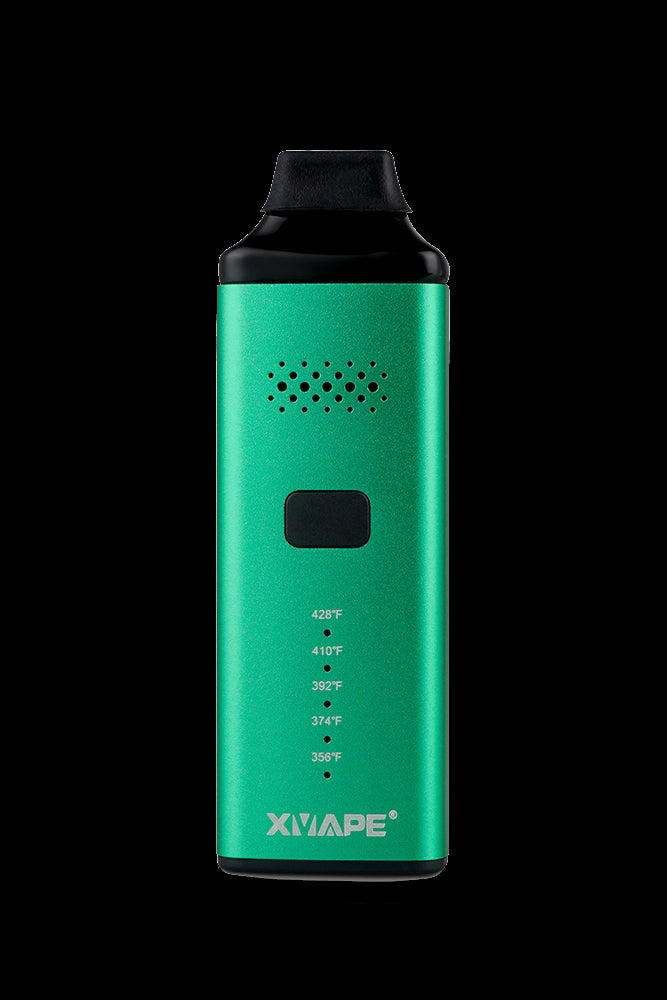 Green XMAX V3 Pro portable vaporizer with temperature settings displayed.