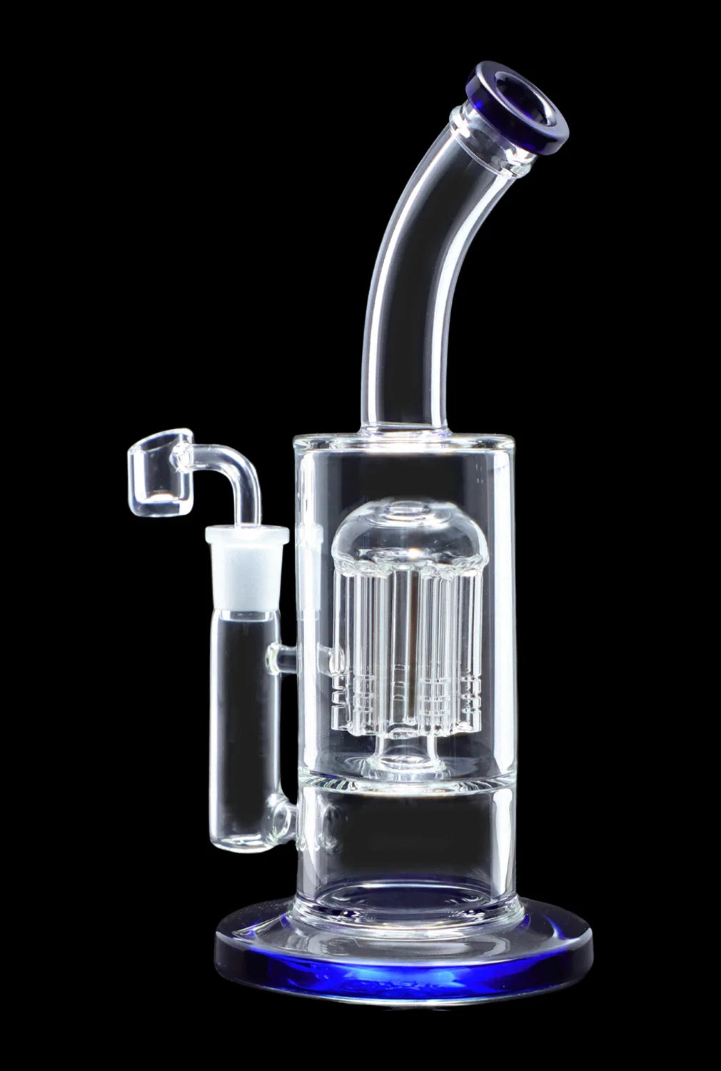 Clear glass dab rig with percolator and accessories on a black background.