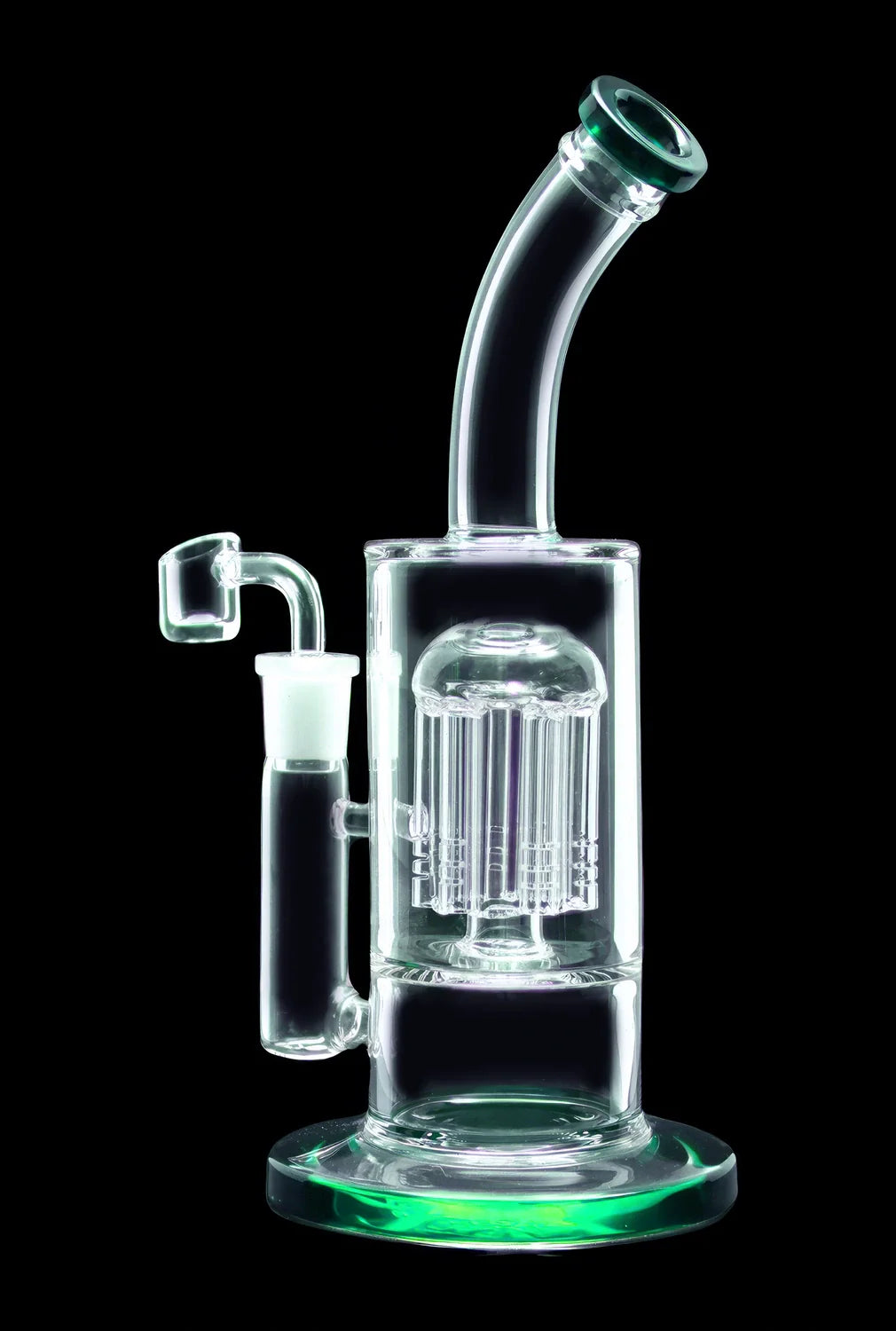 Clear glass water pipe with intricate percolator and attached glass bowl, isolated on black.