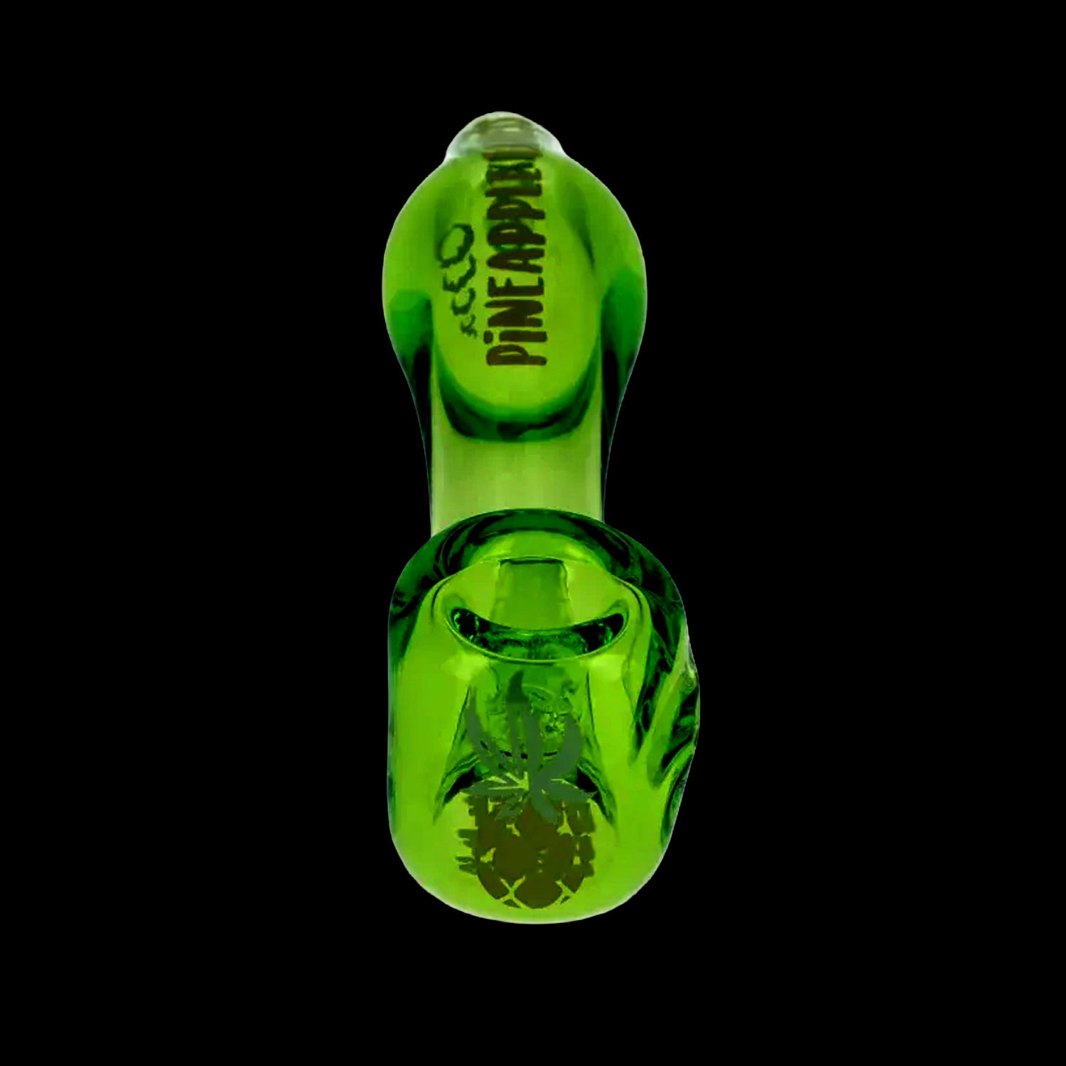 Top-down view of the translucent green Puff Puff Pass Sherlock Hand Pipe centered on a black background, showing its bowl and branded stem.