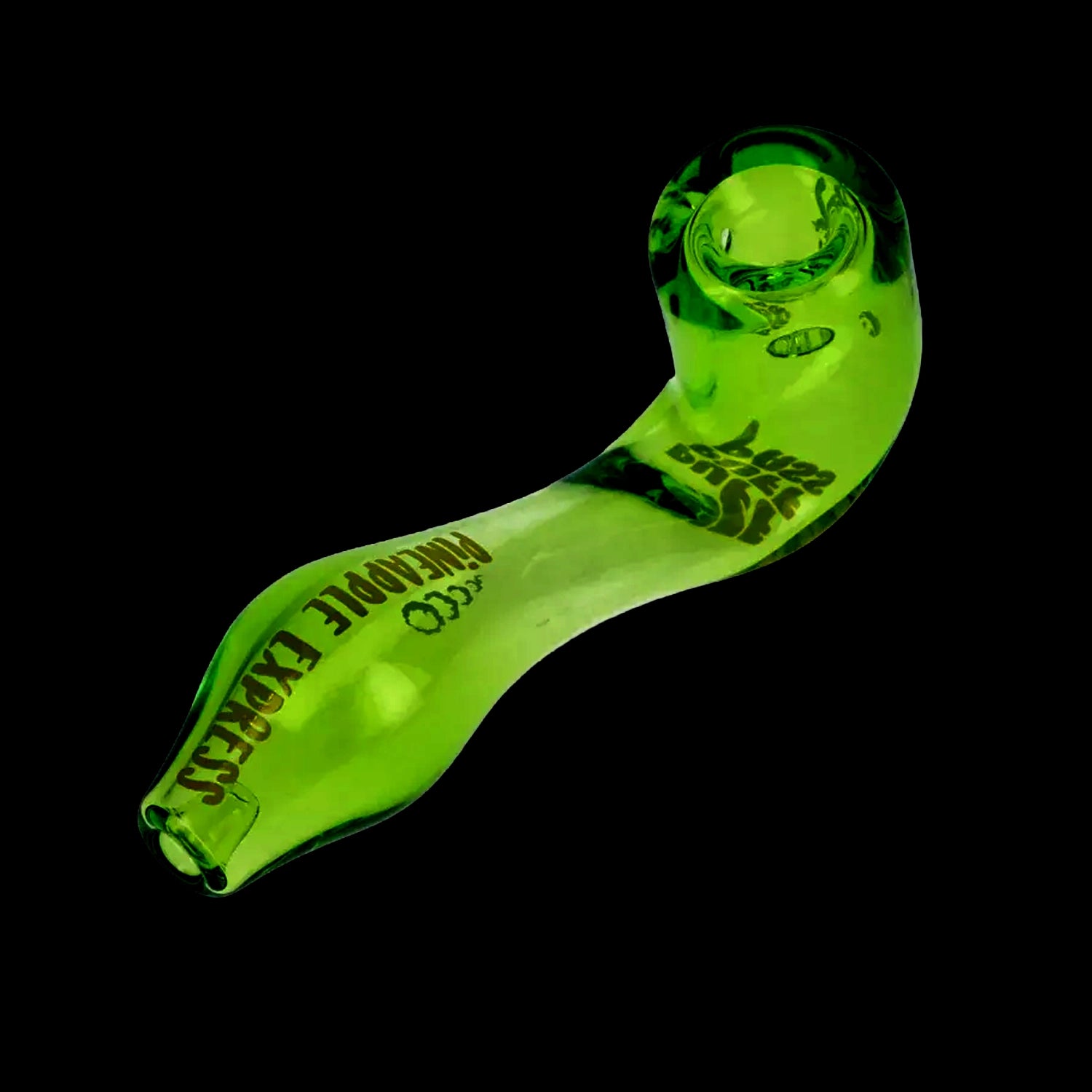Angled close-up of a neon green Puff Puff Pass Sherlock Hand Pipe against a black background, showing the curved bowl and printed graphics.