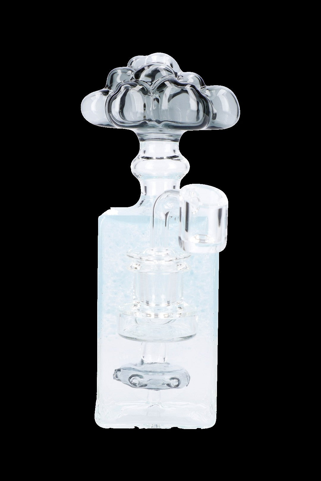 Clear glass bubbler water pipe with ornate floral design.